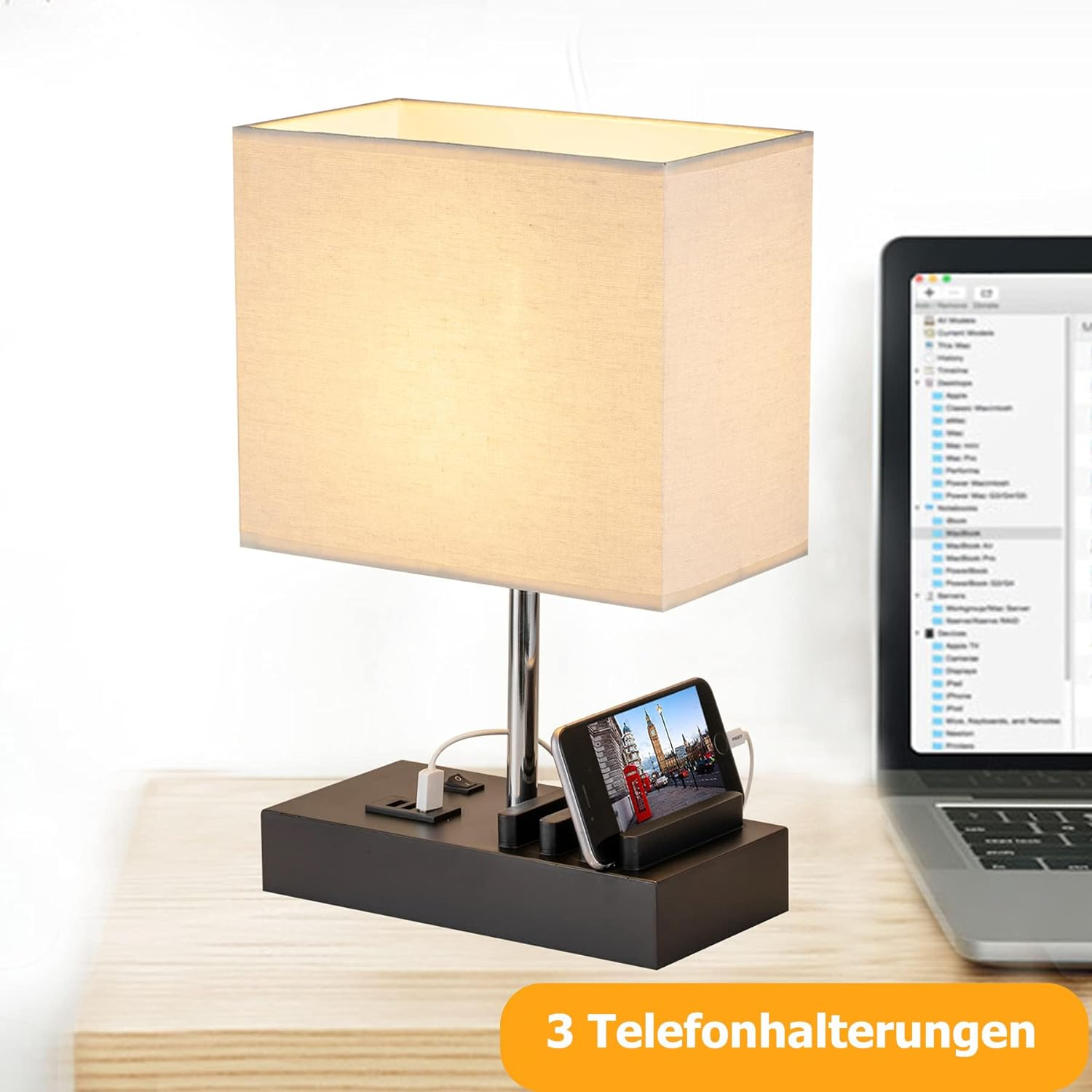 Dreamholder Table Lamp with 3 USB A+C Ports, 3 Phone Stands, Modern USB Bedside Lamp for Bedroom, Living Room, Office, Bedside Lamp with Black Wood Base & Fabric Shade - Black Wooden Base image number 2