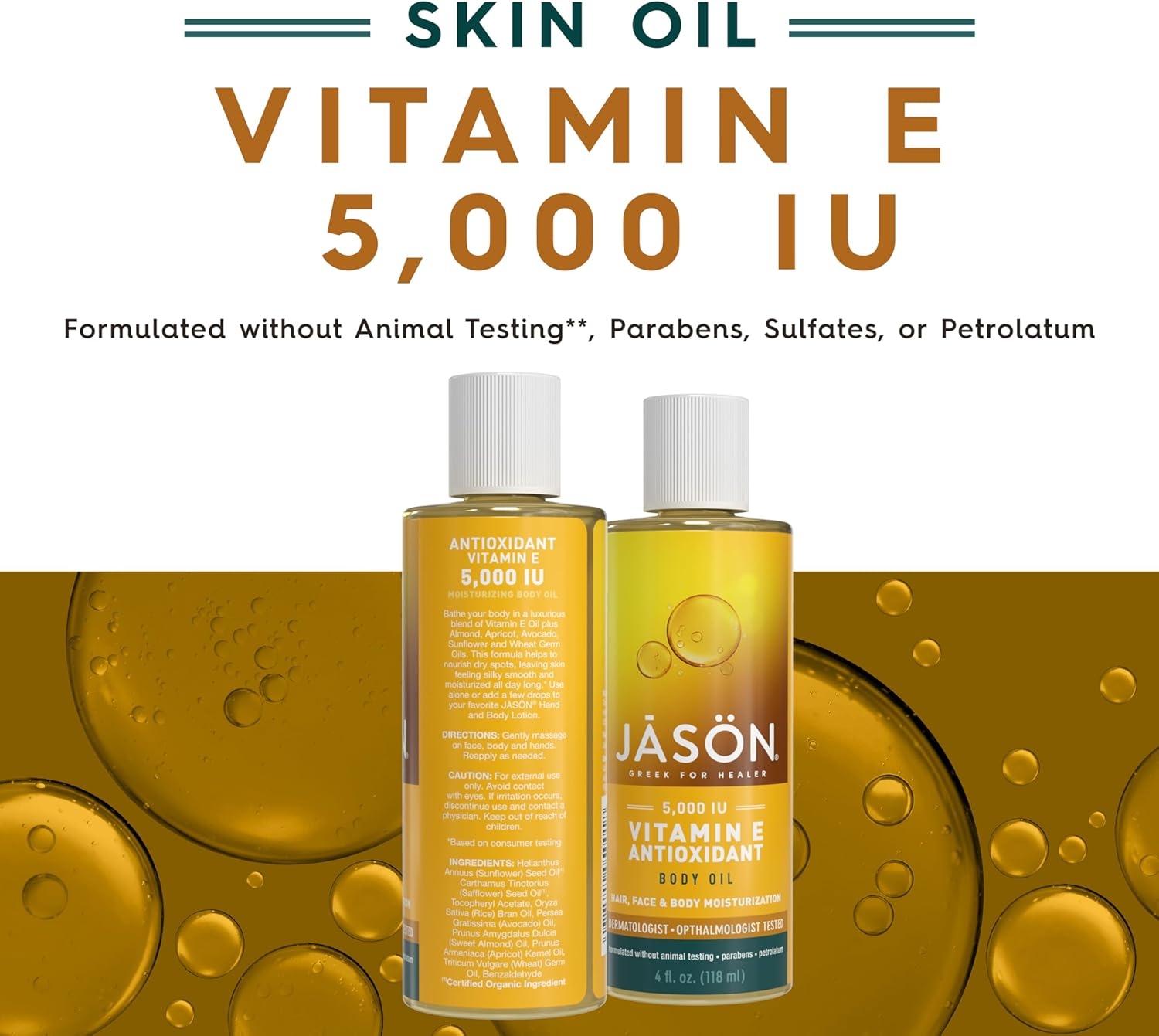 JASON Vitamin E 5,000 IU Moisturizing Body Oil, for Hair, Face, and Body, 4 Fluid Ounces
