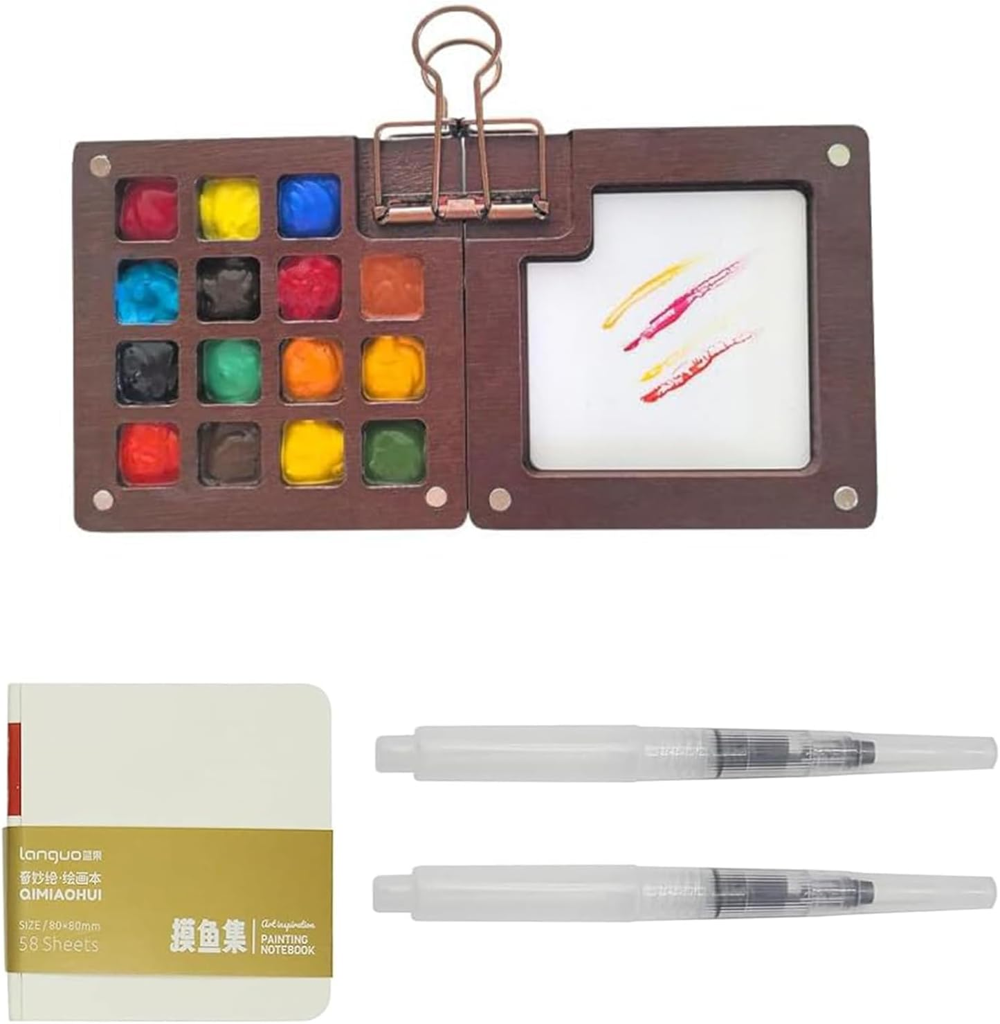 Miniature Watercolor Painting Palette Kit,Wooden 15 Grid Pocket Artist Palette Travel Set Portable Watercolor Palette Box，For Art Lover Beginner image number 2