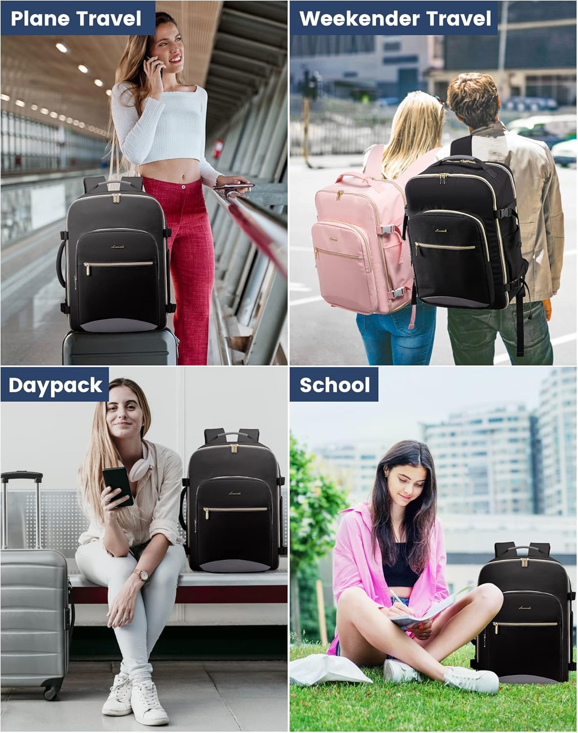 LOVEVOOK 40L Travel Backpack for Women & Men, Large Carry on Backpack for Airplanes with 3 Packing Cubes, TSA Personal Item Travel Bag Fits 17" Laptop, Waterproof Travel Essentials Airline Approved - Black-Grey image number 2