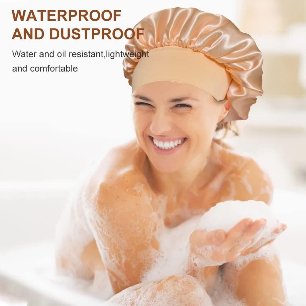 Heatunk 2Pcs Silk Hair Bonnets for Sleeping - Satin Sleep Caps with Soft Elastic Band for Curly Hair Protection (Black Gold) image number 5