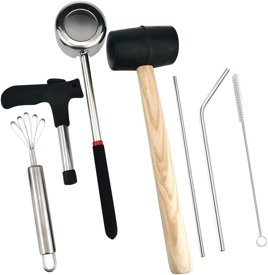 7-In-1 Coconut Opener Tool Set for Young Mature Coconuts, Coco Nut Meat Removal Tool with Rubber Mallet Meat Removal, Scraper, Straw, Food Grade 304 Stainless Steel image number 5