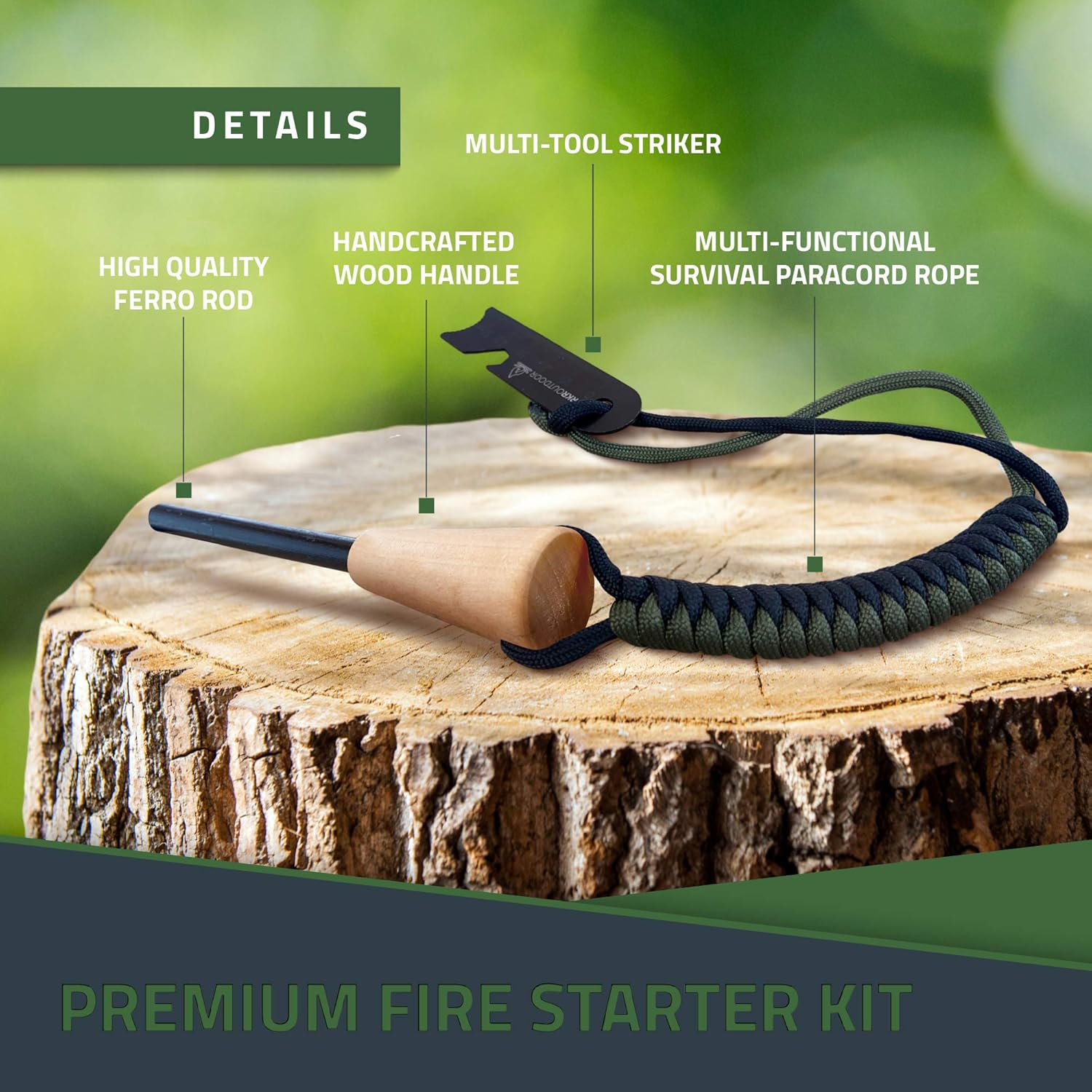 RKR OUTDOOR Ferro Rod Flint Fire Starter Kit with Handcrafted Wood Handle |5/16"- 3/8" Thick 12000-15000 Strikes |Survival Flint and Steel Rods with Multi-Tool Striker and Paracord Lanyard for Camping - Fire Orange image number 2