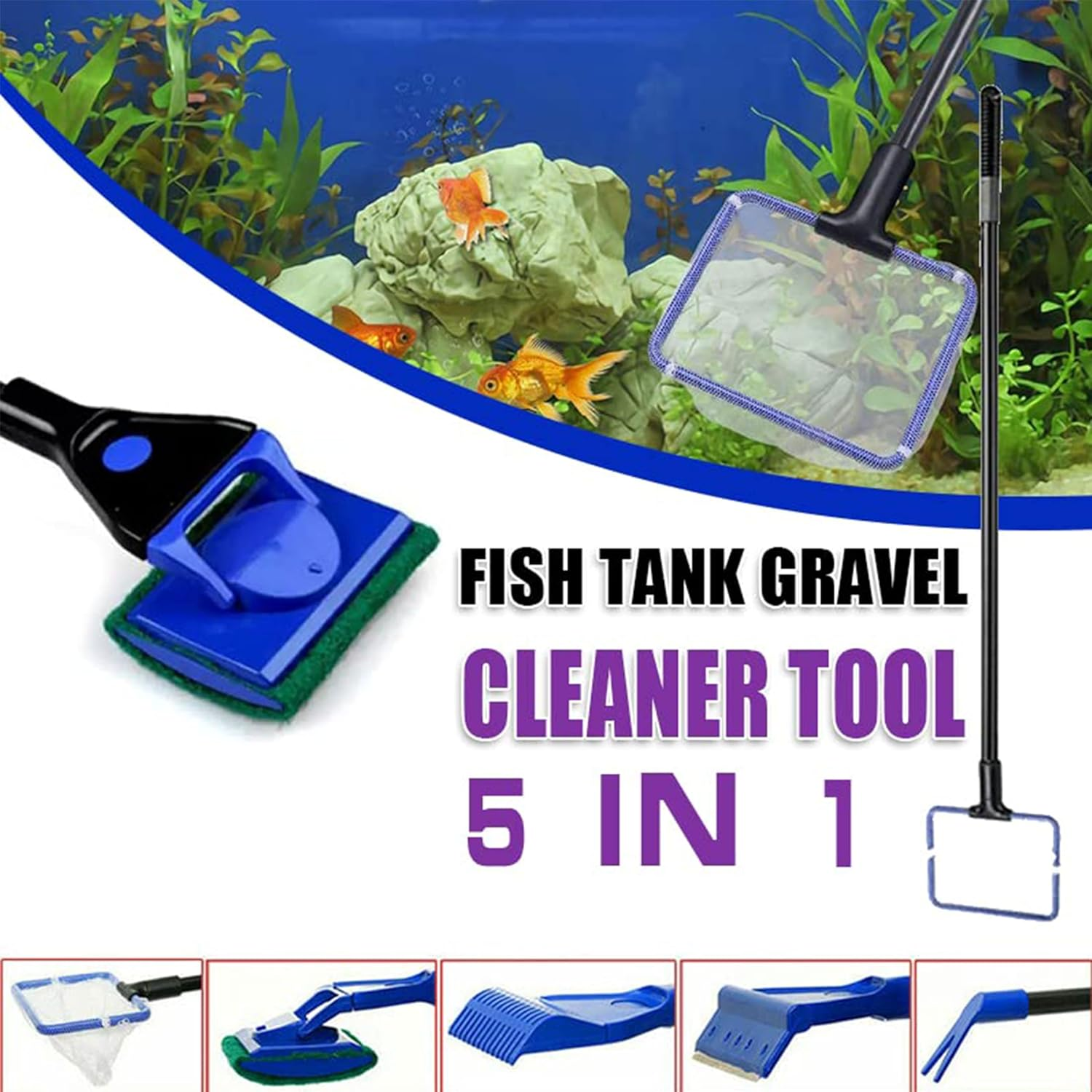 AIMALL 5 In1 Water Aquarium Cleaning Tool Fish Tank Gravel Vacuum Glass Cleaner Brush, Durable Plastic, 19.09-Inch Tool, Blue image number 3