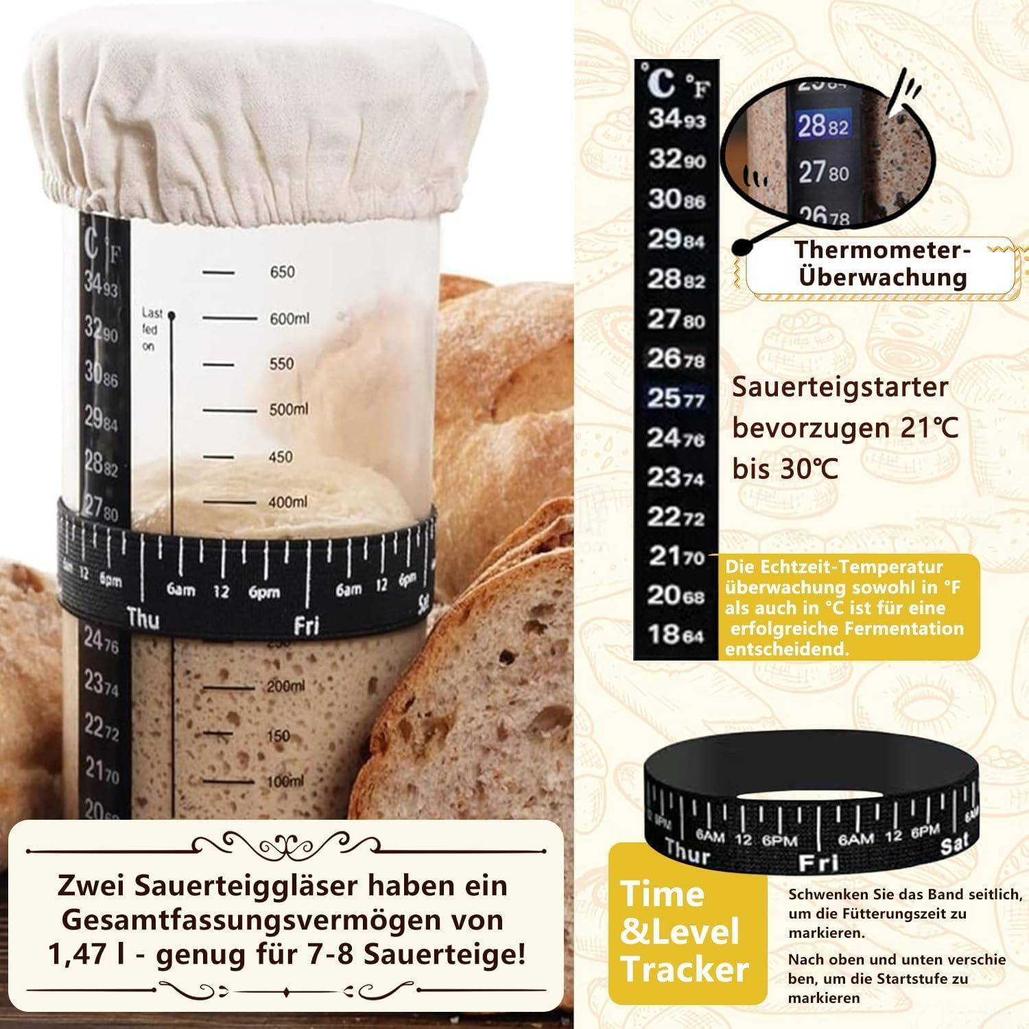 Set of 17 Sourdough Starter Kit, 2 Sourdough Starter Jar and 2 Banneton Proofing Basket, Silicone Baking Mat, Sourdough Bread Baking Supplies image number 2
