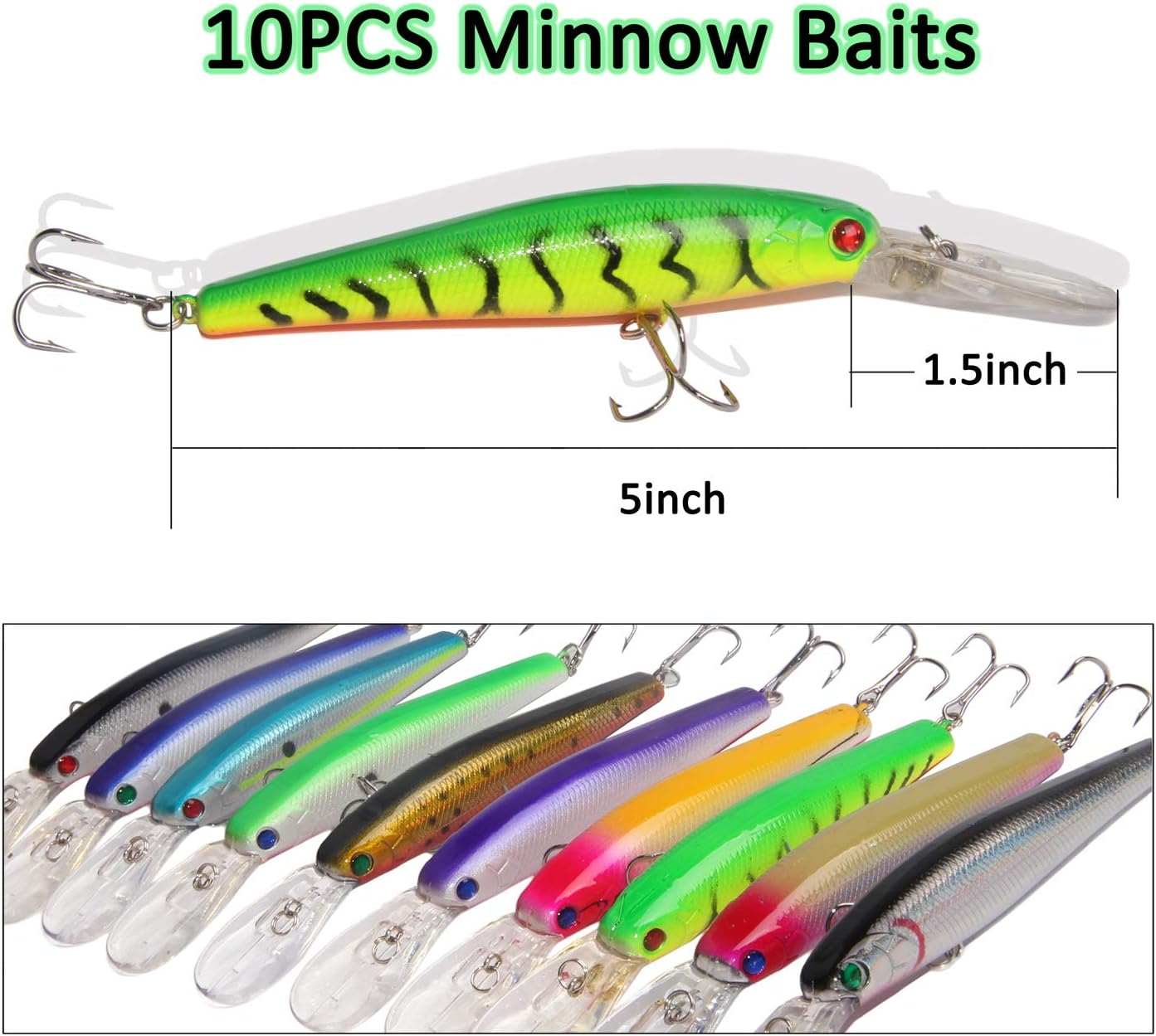 10Pcs Fishing Lures Hard Bait Minnow Deep Diving Swimbait Walleye Lures Topwater Lures Bait for Bass Trout Pike Freshwater Saltwater Lures Kit image number 4