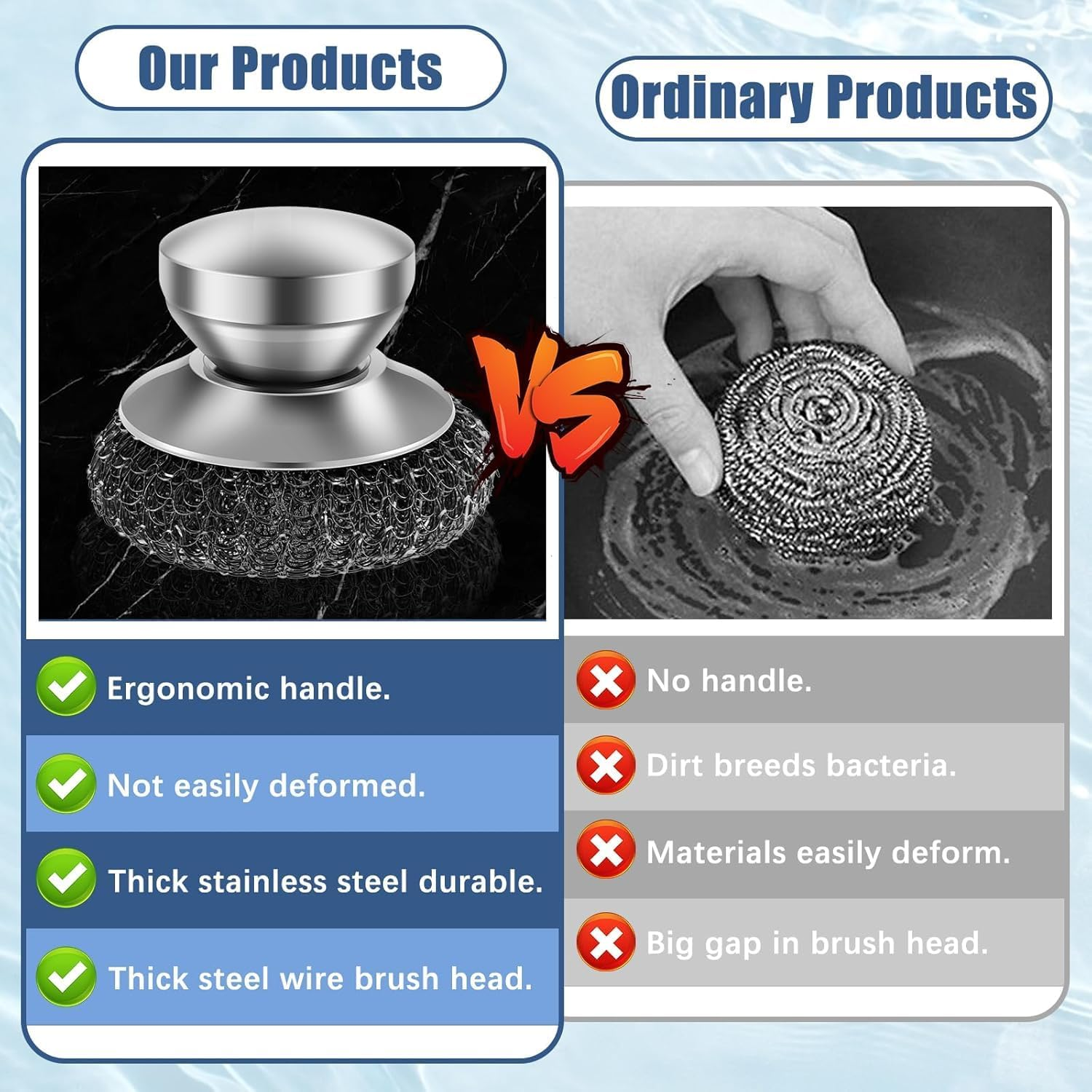 WADY 4 Pcs Stainless Steel Scrubber Stainless Steel Scourer with Handle round Pan Scourer Non Scratch Sponge Premium Dish Scrubber Metal Sponge Scrubber for Cleaning Pots Pans Grills Sink image number 3