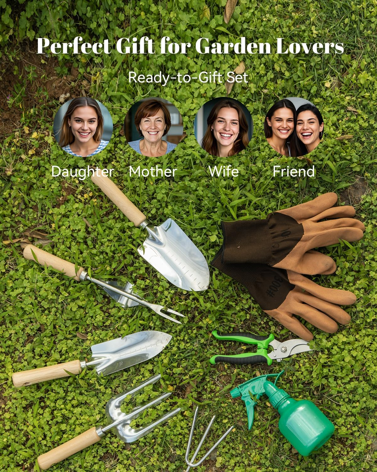 Gardening Tools Set 9-Piece Heavy-Duty Gardening Hand Tools with Floral Tote Bag, Stainless Steel Garden Supplies Kit Ideal Gardening Gifts for Women Mom Wife Green image number 4