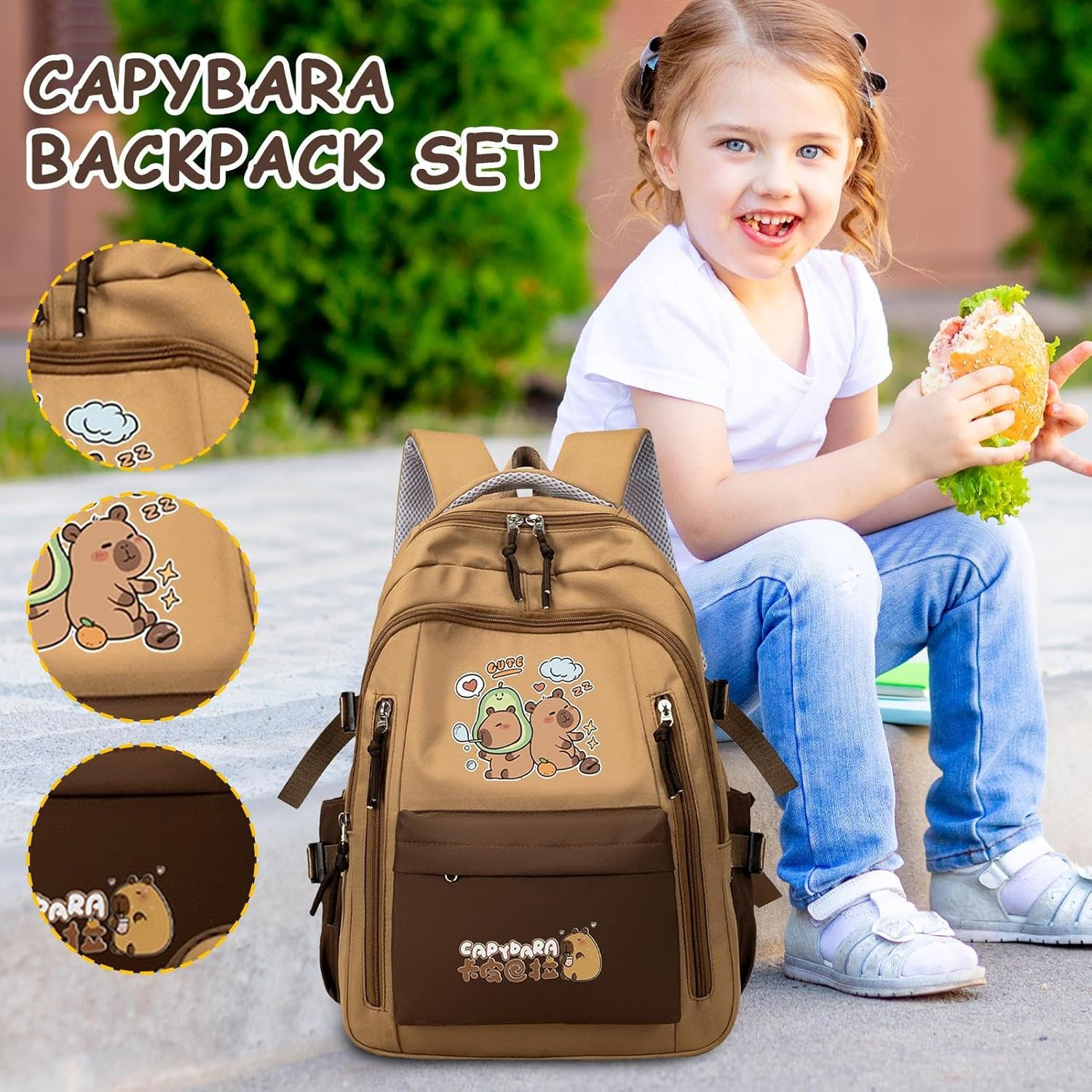 Capybara School Backpack | Girl Bookbag with Pencil Case and Tote Bag,Storage Cute Aesthetic Laptop Bookbag for Students Kids Daily Travel School - Back To Back Model image number 3