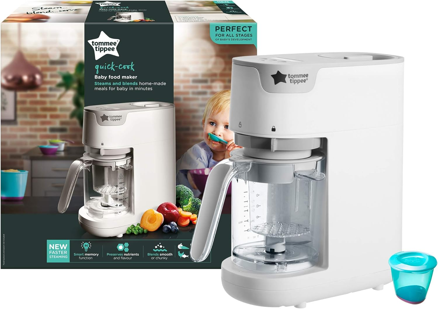 Tommee Tippee Quick-Cook Baby Food Maker, Blender and Steamer, Food Processor, for All Stages of Baby Weaning, 200G Capacity, White image number 1