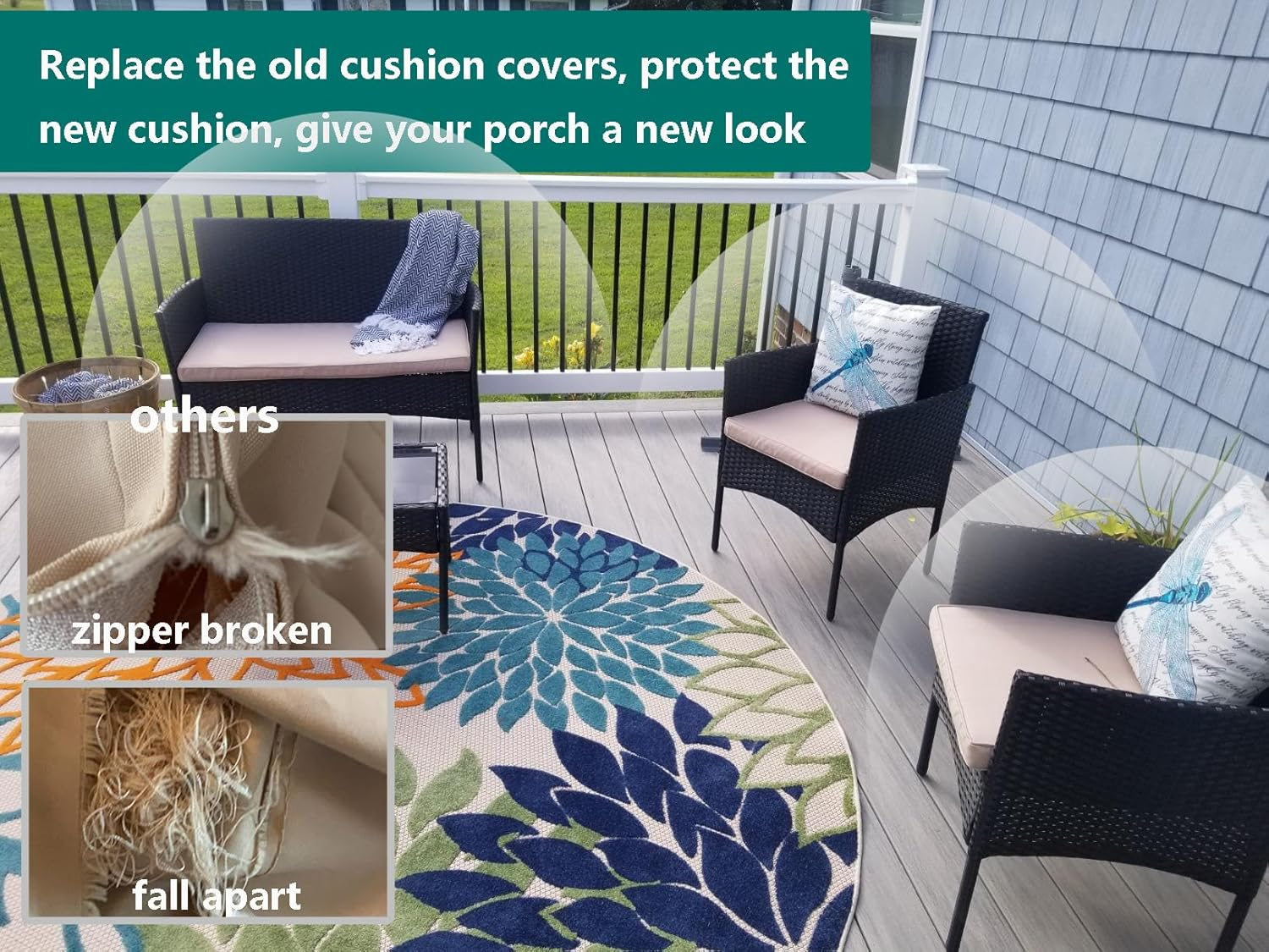 Oslimea 3Pack Patio Cushion Covers for Patio Conversation Set 4 Pieces Outdoor Seat Cushions Replacement Covers for Patio Furniture Backyard Porch Garden Poolside Balcony Sets, Blue, 42X18X3,18X18X2 image number 3