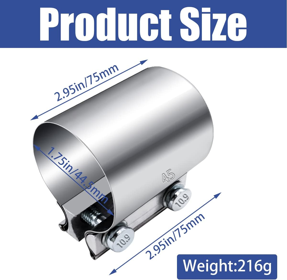 Dianrui 2PCS 1.75" Butt Joint Stainless Steel Clamp Band; 1.75 Inch Universal Widening Clamp Fit for Exhaust System, Muffler image number 3