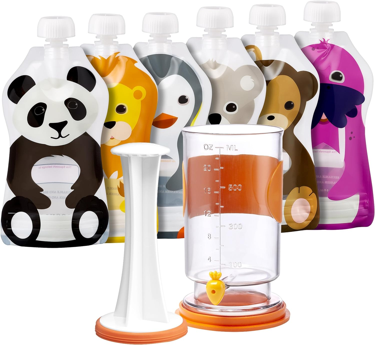 SQUOOSHI Universal Pouch Filling Station + 6 Large Reusable Food Pouch | Adorable Animal Series&hellip; image number 3