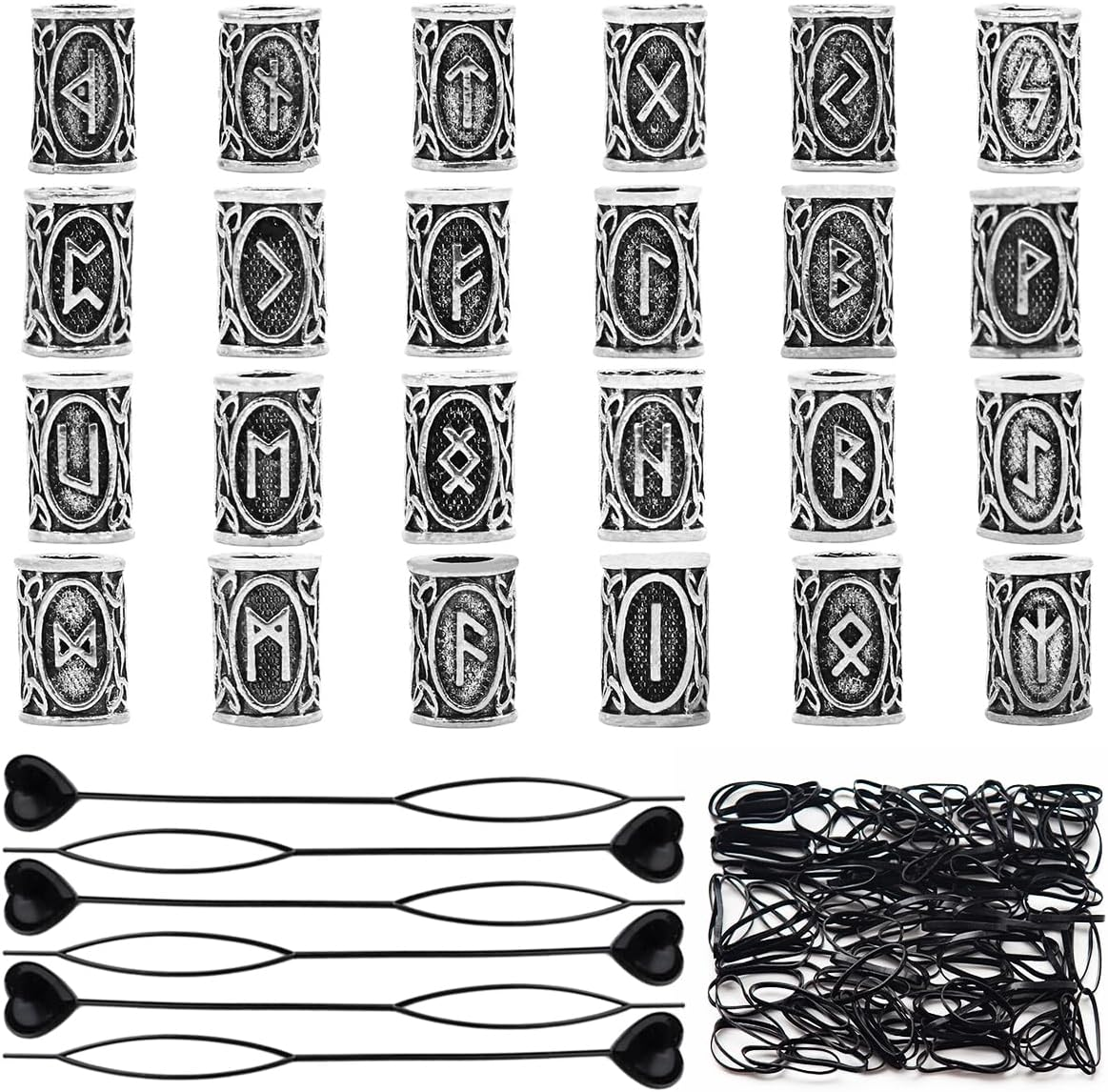 24 Piece Beard Beads Set Viking, Viking Rune Beard Beads with 6 Pull Hairpin Quick Beader and 200 Rubber Bands, Nordic Hair Tube Beads, Beard Jewellery Men for Bracelet Necklace DIY Pendant image number 6