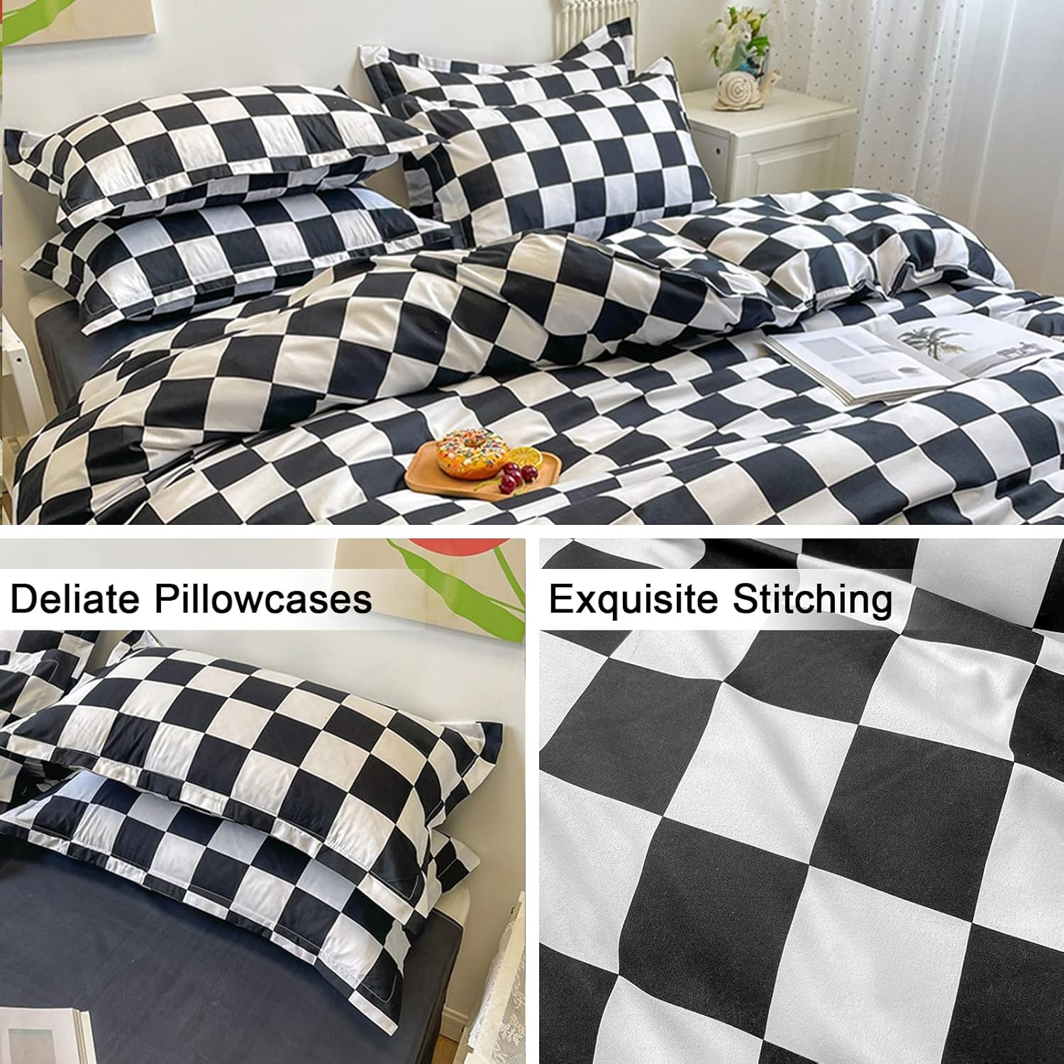 Lunoroey Checkered Duvet Cover Set King Size Black and White Checkerboard Plaid Grid Quilt Cover Geometric Microfiber Soft Bedding Set (1 Duvet Cover and 2 Pillowcases) image number 3