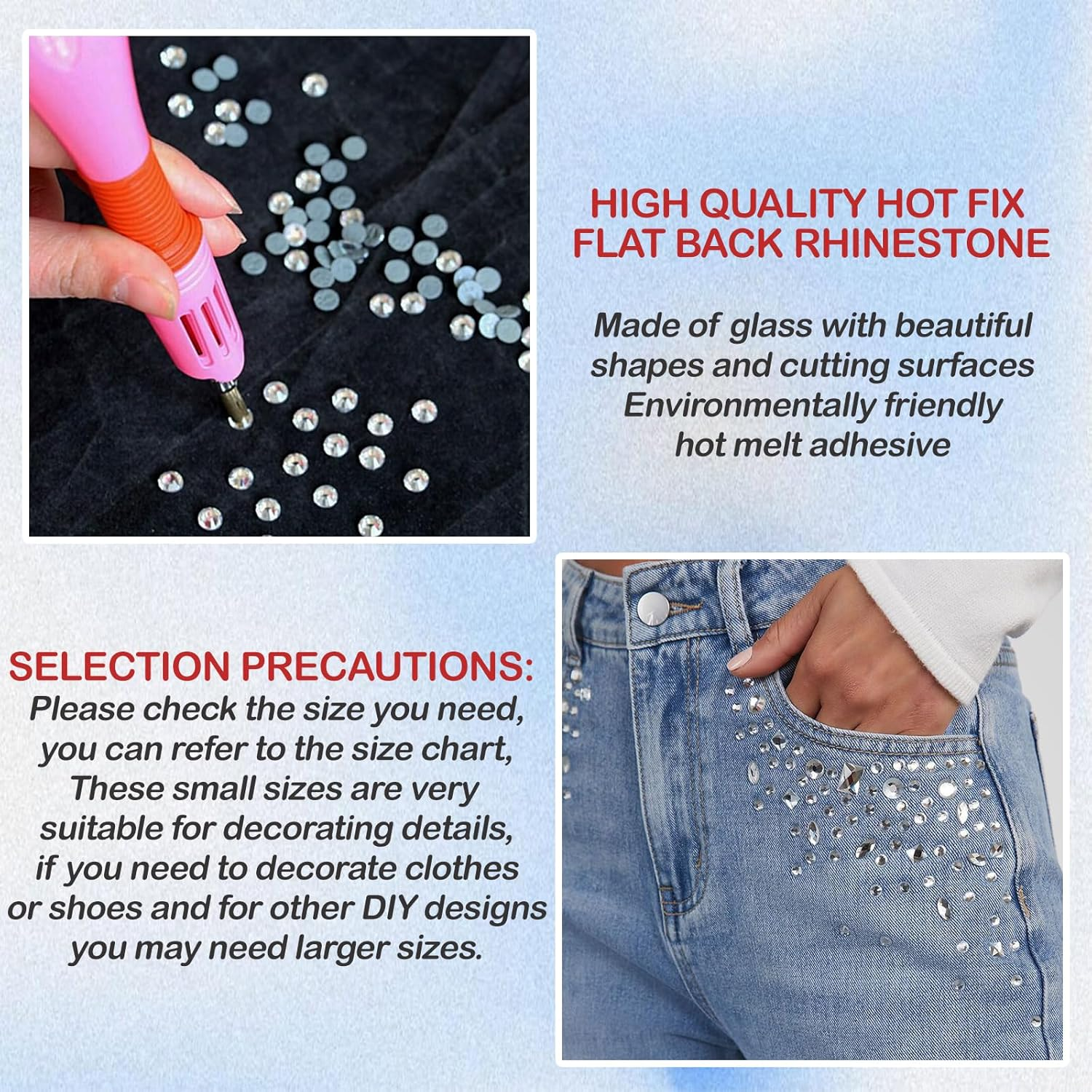 Queenme 3300Pcs Clear Hotfix Crystals Mixed Size Flatback Rhinestones for Clothes Shoes Crafts Hot Fix round Glass Gems Stones Flat Back Iron on Rhinestones for Clothing 2MM-6MM image number 7