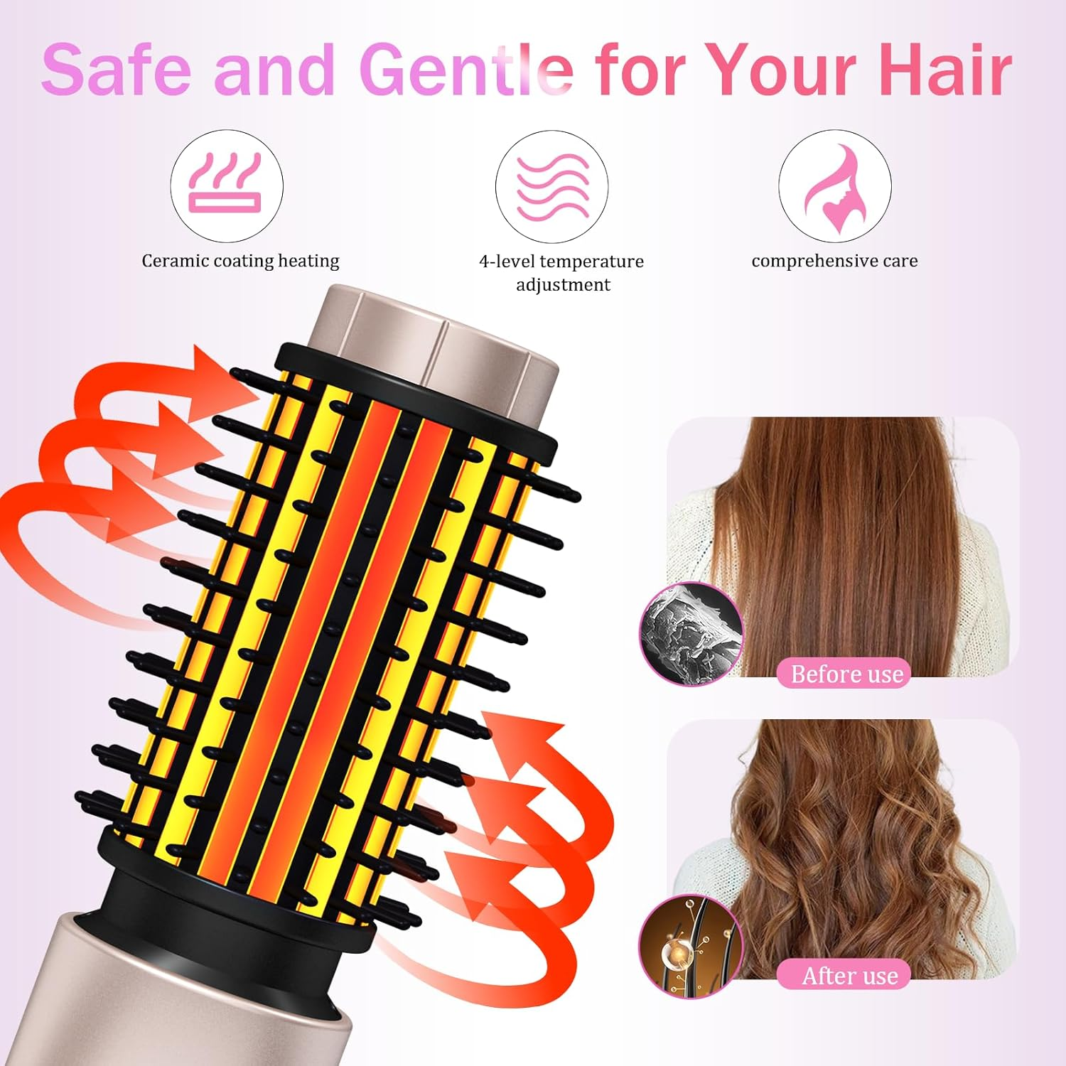 Cordless Hair Curling Iron Brush, Travel Curl Brush, 3-In-1 Portable Curling Iron Cordless, Plasma Thermal Hair Brush, 7000Mah USB Rechargeable Curlings Wand, Mini Hot Curlings Brush-Blush Pink