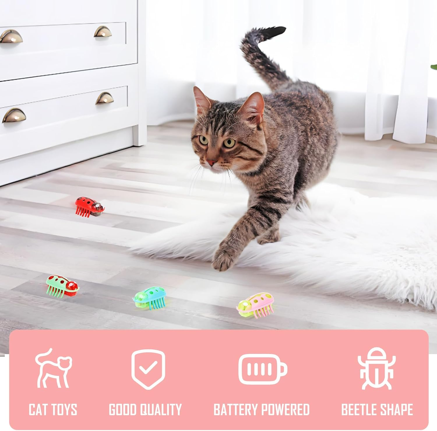 Mini Beetle 4 Pieces Interactive Bug Cat Toy Dog Cat Electric Insect Automatic Toy Escape Obstacle Automatic Turning Pet Funny for Cats Kittens Training image number 3