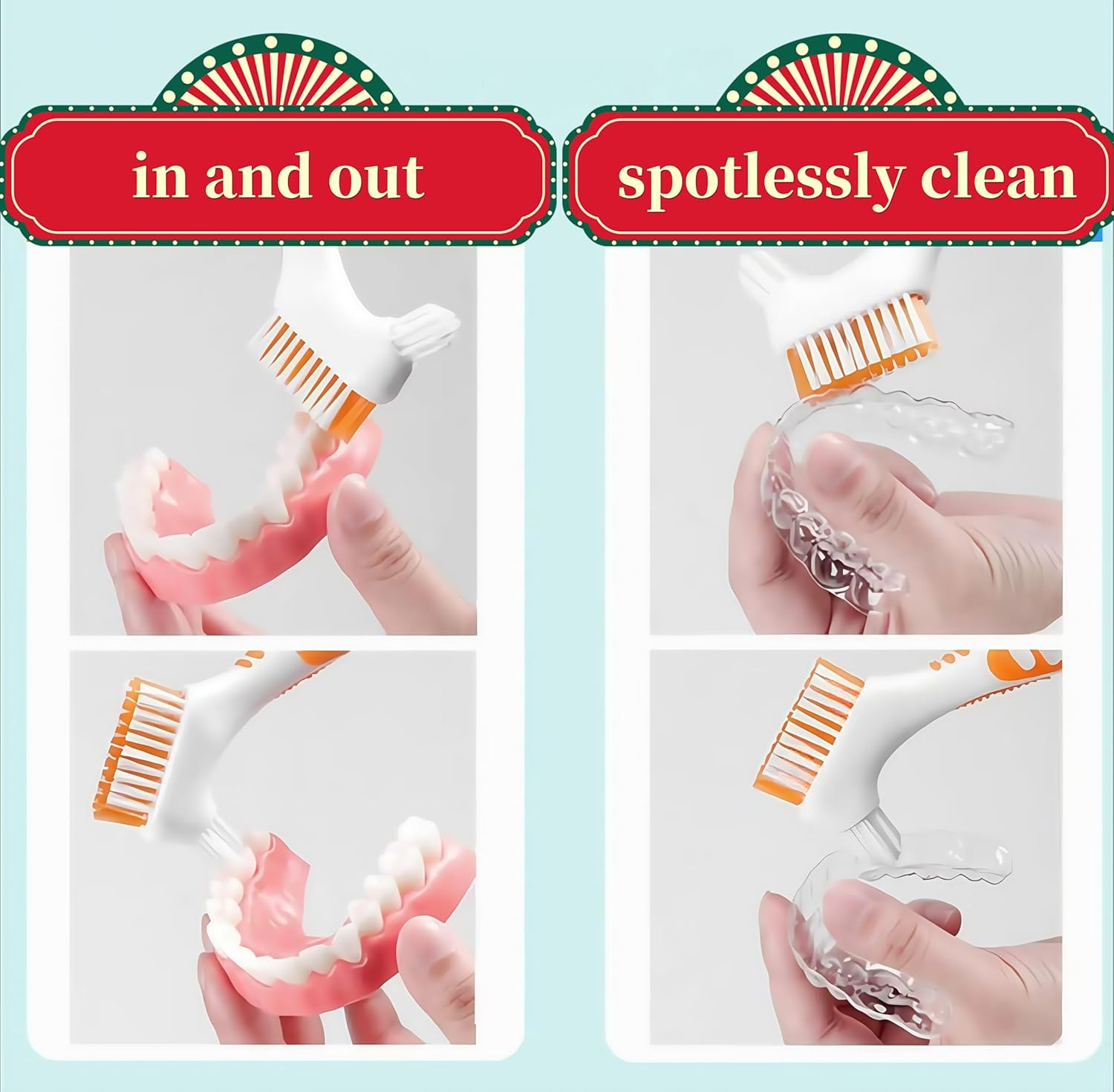 Denture Cleaning Brushes 2-Pack with Dual-Angle Heads - Soft Nylon Bristles & Ergonomic Grip, Travel Denture Brush Kit for Seniors (Green/Purple) | Denture Care Essentials image number 5