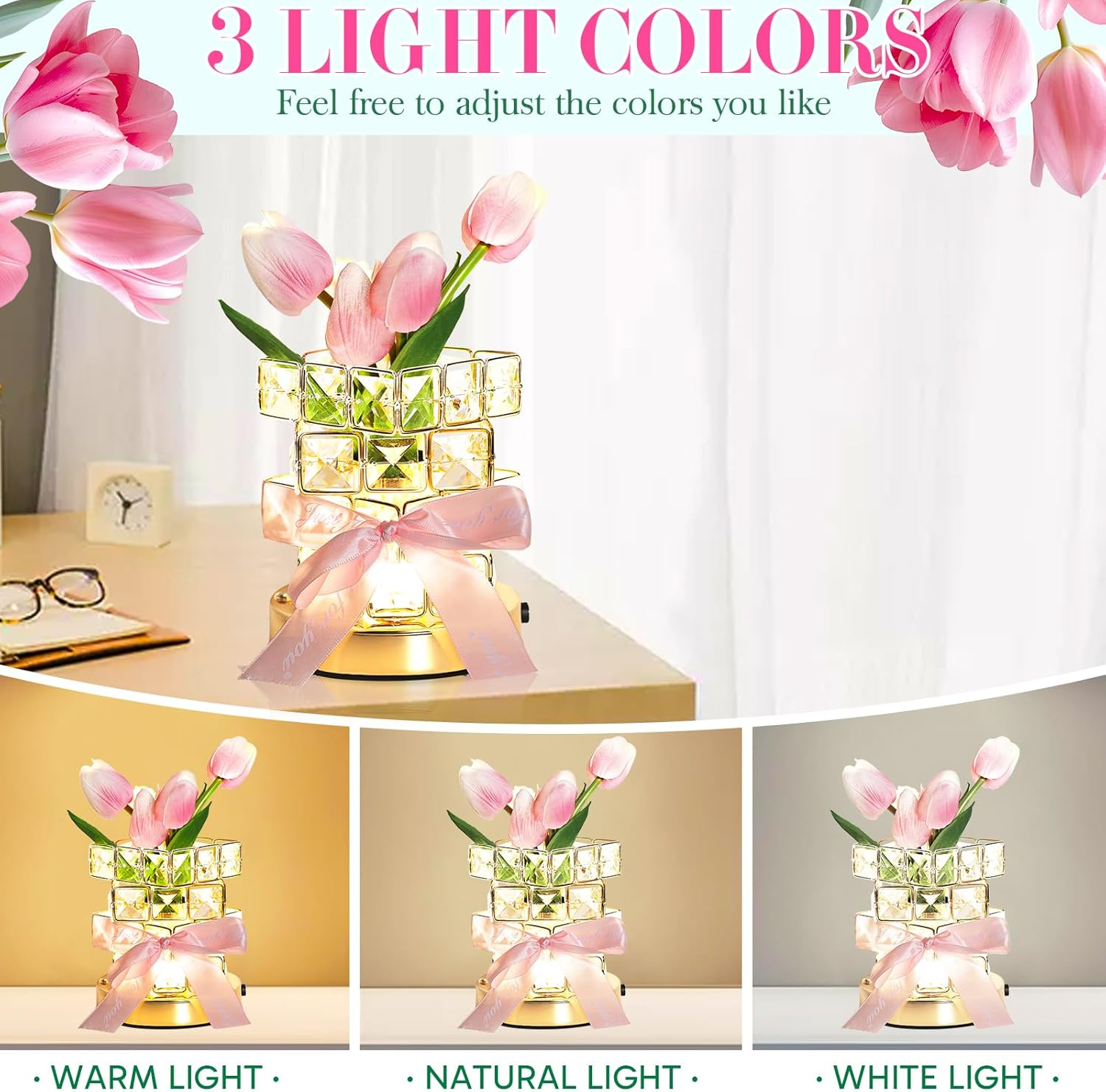 Tulips Flower Lamp,3 Colors Dimmable Crystal Pink Tulip Night Light,Rechargeable Cordless Flowers Table Lamp,Living Room Bedroom Mood Lighting Home Decoration Birthday Gifts for Women Mom (Tulip) image number 4