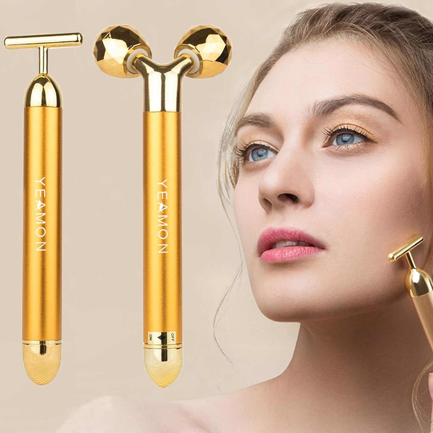 2-IN-1 Beauty Bar 24K Golden Pulse Facial Face Massager,Electric 3D Roller and T Shape Arm Eye Nose Head Massager Instant Face Lift,Anti-Wrinkles,Skin Tightening,Face Firming Roller image number 4