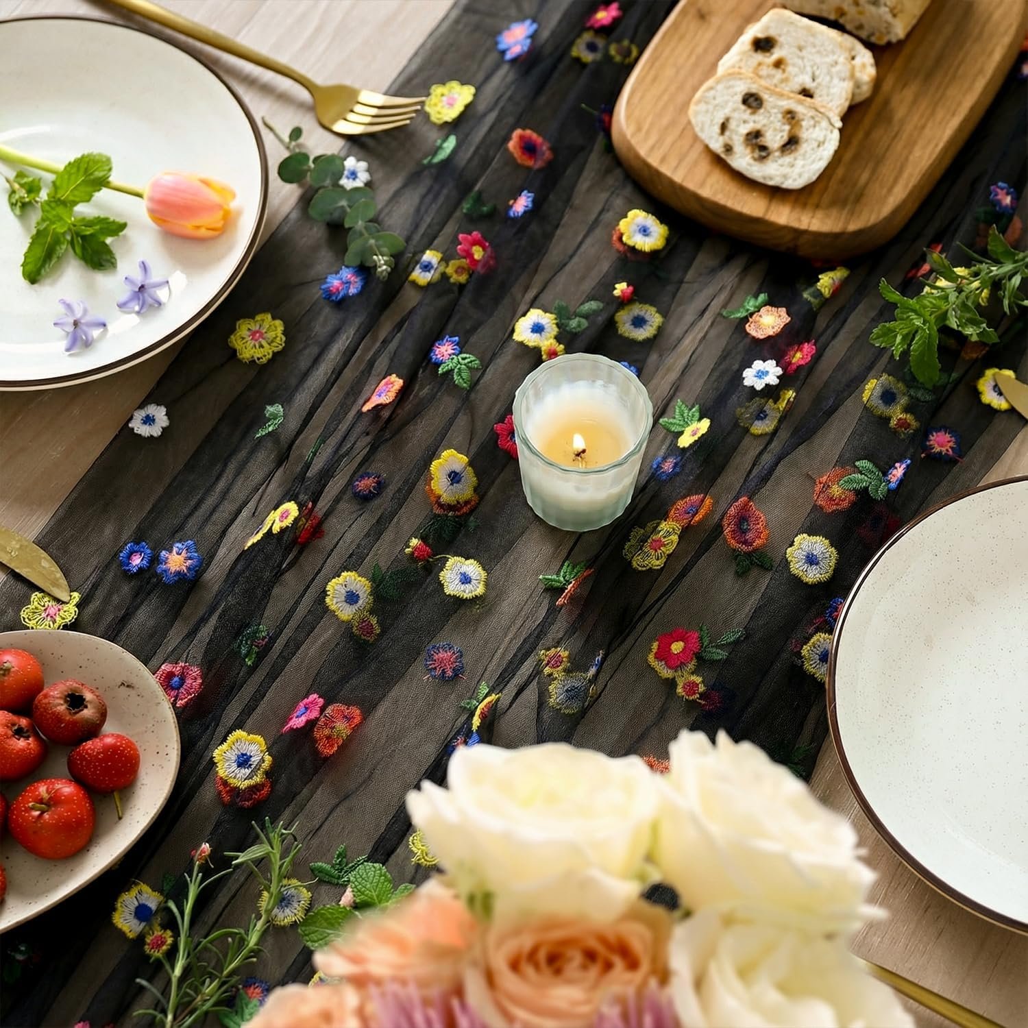 Artoid Mode Black Embroidery Daisy Gauze Table Runner 120 Inch 10FT, Seasonal Sheer Kitchen Dining Holiday Wedding Birthday Table Decor for Home Party image number 2