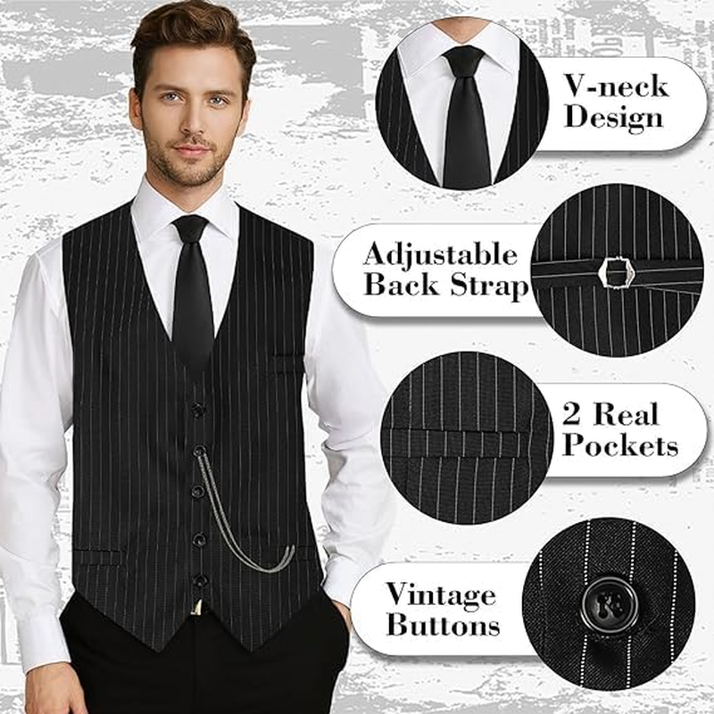 COSOUKE 1920S Gatsby Costume Men Accessories Set Funny Halloween Costumes with Vest Hat Necktie Bow Tie Suspenders image number 3