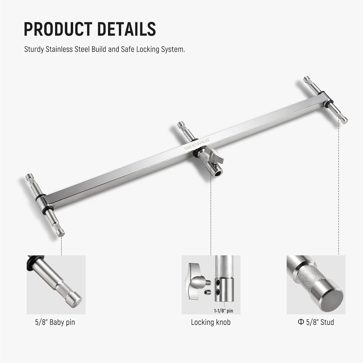 NEEWER Baby Triple Header Boom Arm with Five 5/8" Baby Pins for LED Light/Strobe Flash, One 1-1/8" Pin for C Stand/Light Stand with 16Mm Baby Stud or 28Mm Junior Receiver, Stainless Steel, UA005 image number 4