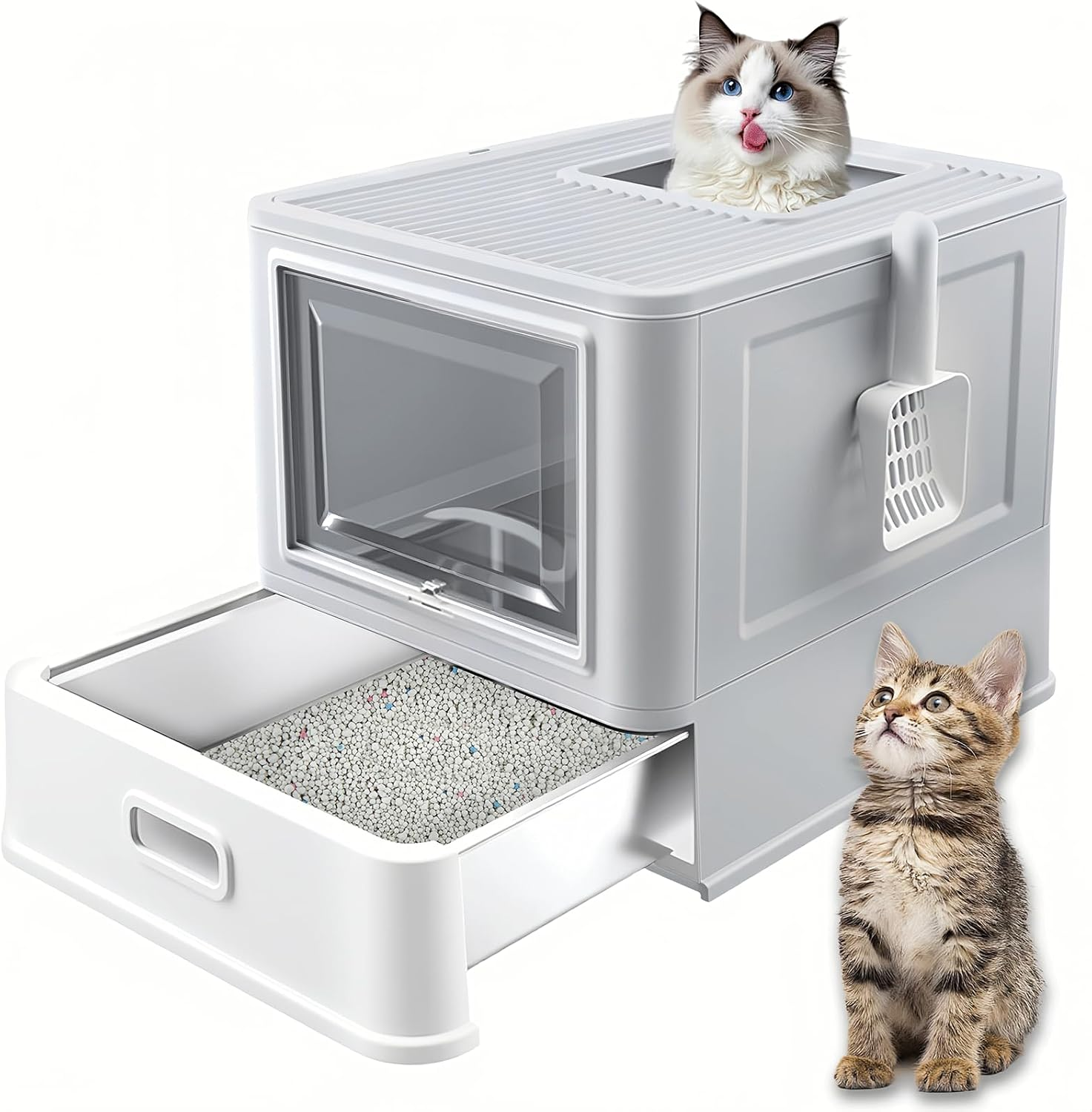 Homegroove Stainless Steel Cat Litter Box with Drawer, XL Foldable Enclosed Kitten Litter Box with Lid for Indoor Cats, Metal Covered Cat Litter Pan with Litter Scoop (Gray) image number 6