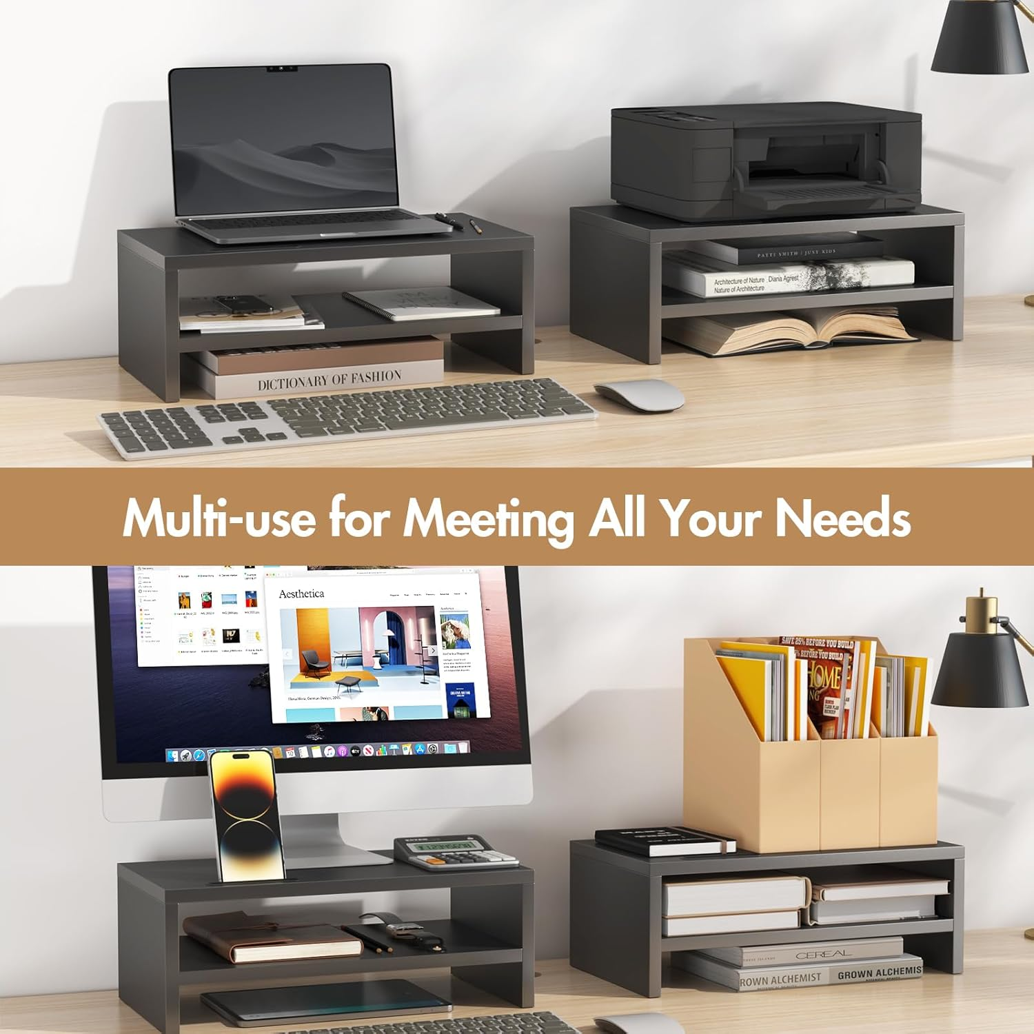 Advwin 2 Tiers Monitor Stand Riser with Storage Monitor Riser Computer Monitor Stand Multifunctional Desktop Stand Organizer Shelf, Black