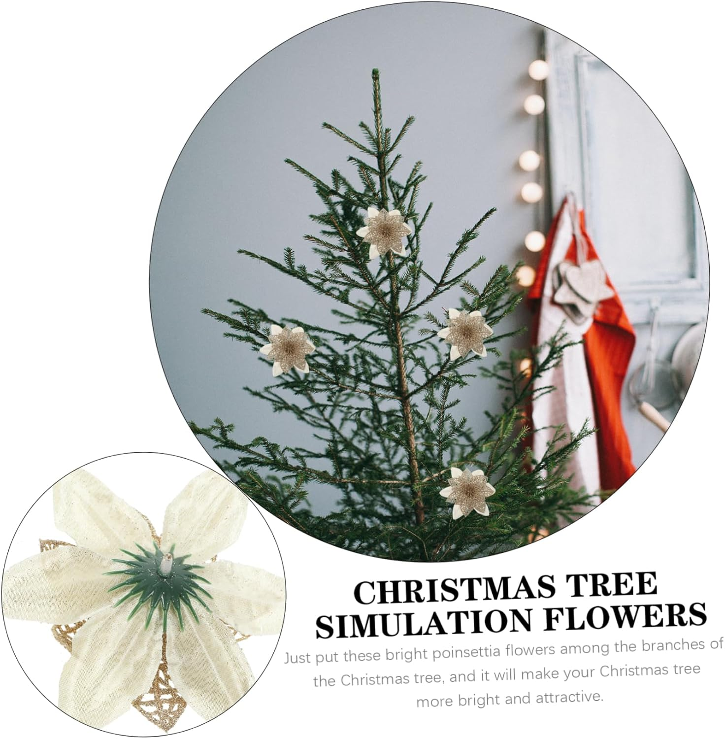 12Pcs Artificial Poinsettia Flowers Glitter Decorations for Christmas Tree Wreath Garland Realistic Holiday Ornaments for Home Party and Festive Decor image number 2