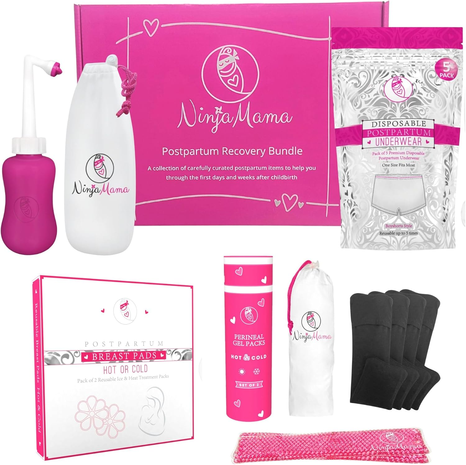 Ninja Mama C-Section Recovery Kit &ndash; Includes Peri Bottle, Silicone Scar Strips, Postpartum Underwear (5 Pack) & Hot Cold Therapy Packs &ndash; Essentials for C-Section Healing