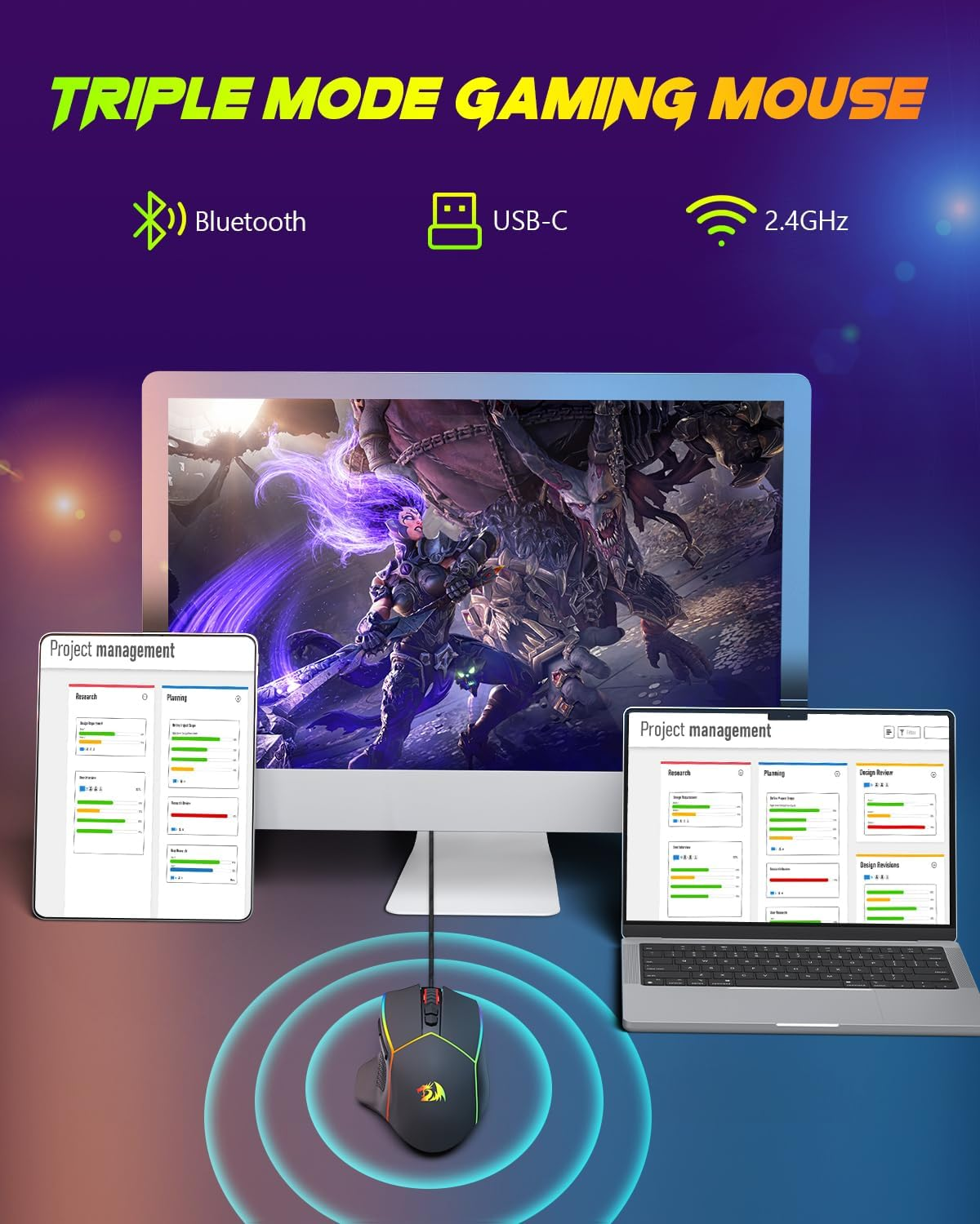Redragon Wireless Gaming Mouse, Tri-Mode 2.4G/Usb-C/Bluetooth Ergonomic Mouse Gaming, 8000 DPI, RGB Backlit Programmable Wireless Mouse, Rechargeable, 250 Hrs for Laptop PC Mac, M814 image number 3