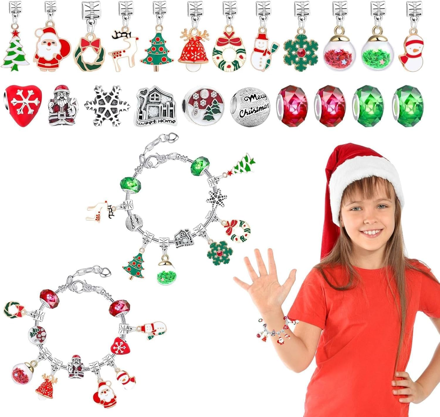 Bracelets Advent Calendar, Bracelets Advent Calendar Kit with 22 Charm and 2 Bracelets, Unique 24 Days Jewelry Christmas Countdown Calendar (Red) - Pink image number 3