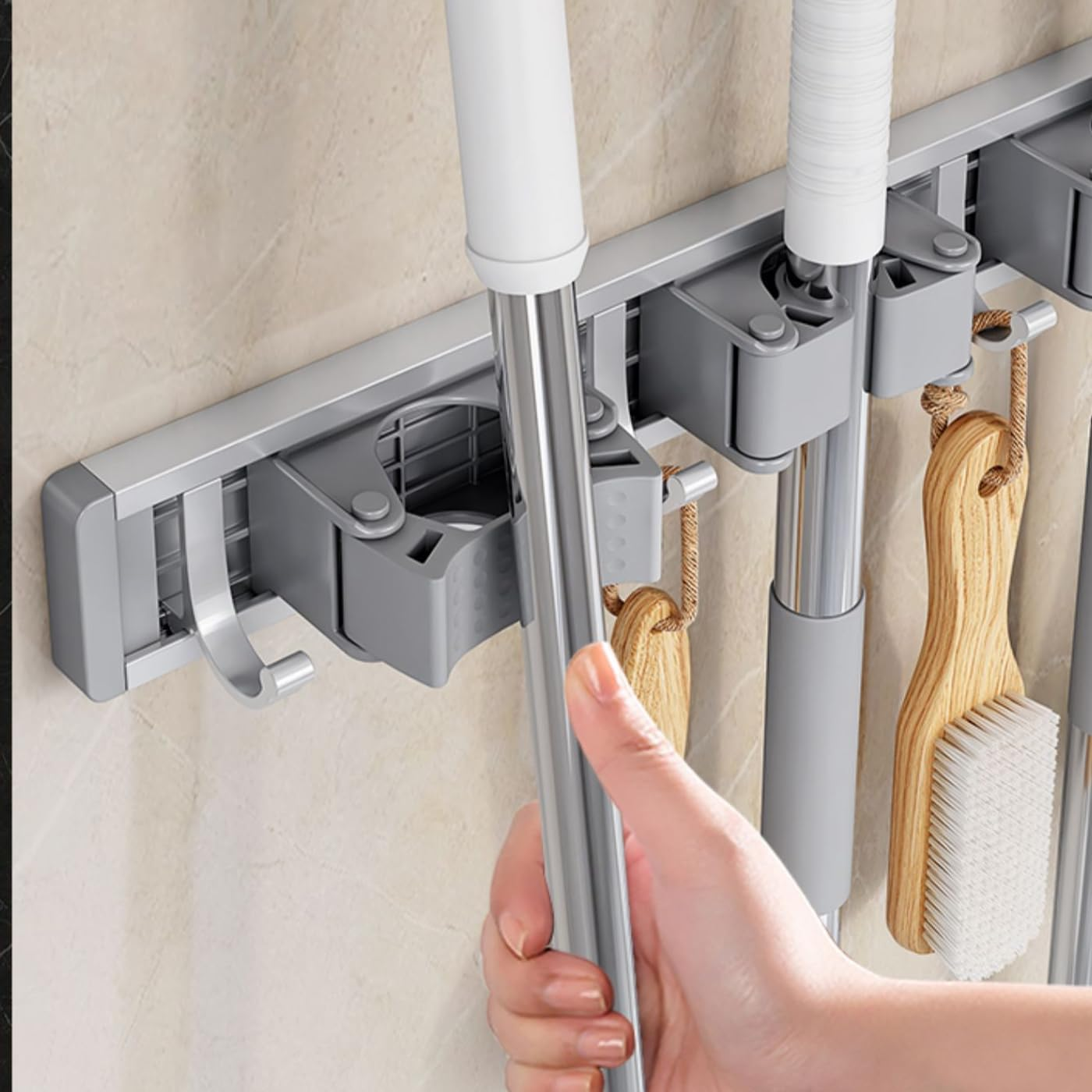 Broom Mop Holder Wall Mounted Broom Hanger Garage Organizer Storage Tool Racks Garage Storage Garden Kitchen Tool Organizer for Home Kitchen Garden Laundry（ 3 Racks 4 Hooks ） (Silver White) image number 4