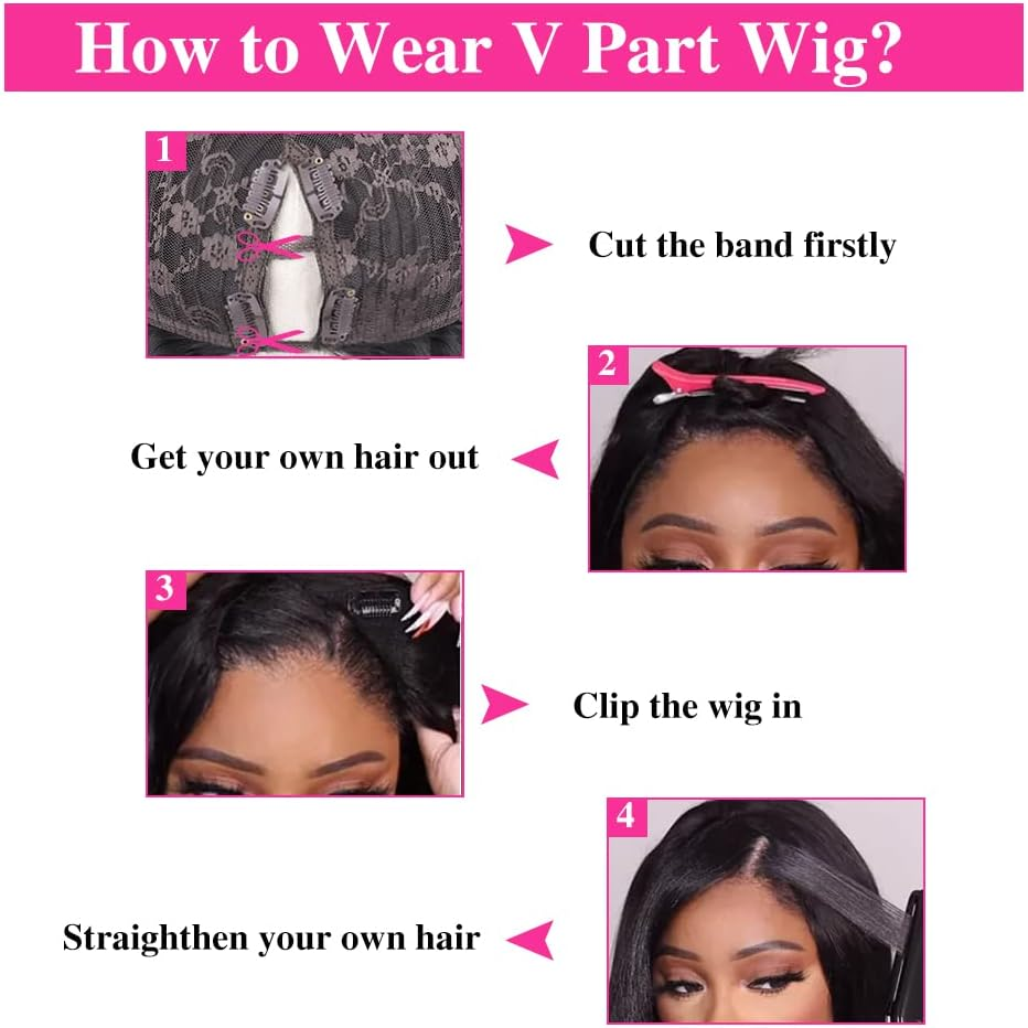 Amznlady V Part Brazilian Human Hair Straight Wigs for Black Women U Part Glueless Wig with Middle Clip image number 6