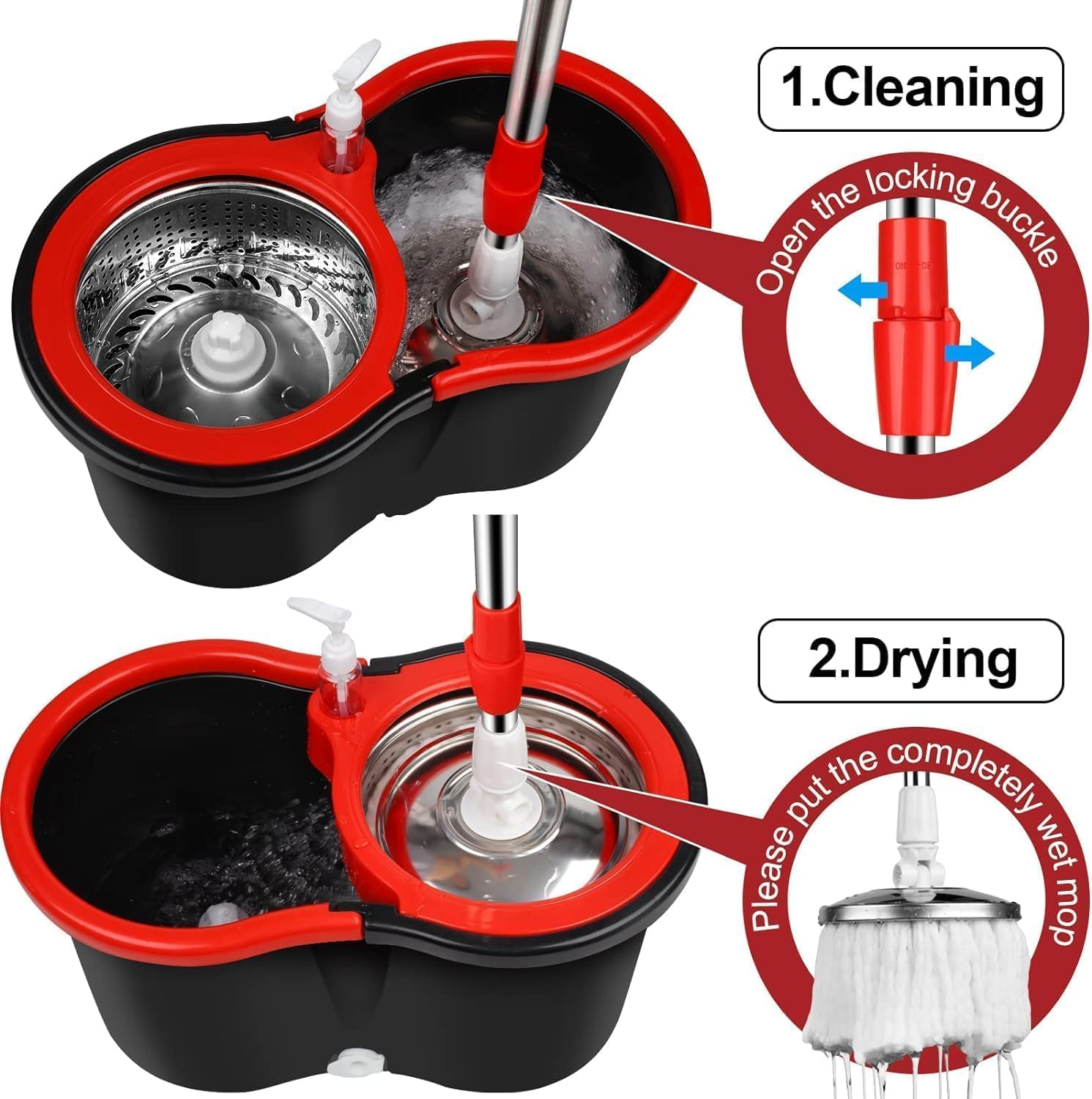 Mop and Bucket with Wringer Set, 360&deg; Spinning Mop Bucket System with 5 Microfiber Mop Replacement Heads and Stainless Steel Adjustable Handle for Floor Cleaning,Black