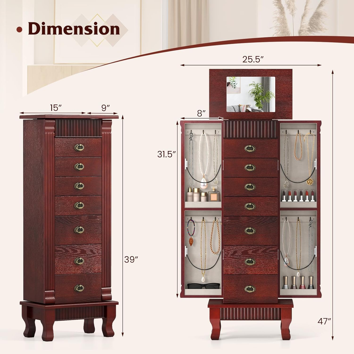 Giantex Standing Jewelry Cabinet with 7 Drawers, Flip-Top Mirror, 2 Side Doors with 12 Necklace Hooks, Divided Ring Compartments, Velvet-Lined Jewelry Armoire Organizer Chest (Cherry) image number 6