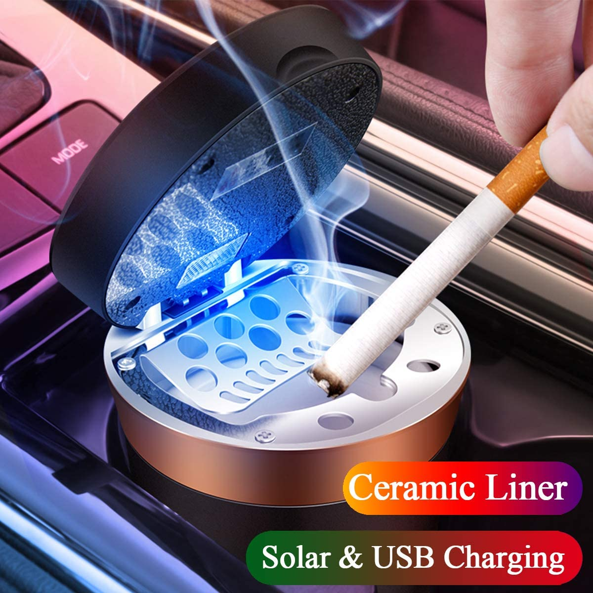 Eastfly Car Ashtray, Detachable Ceramics Car Ashtray with Lid Blue Led Light and Removable Lighter Solar Energy and USB Dual Charging for Most Car Cup Holder Blue image number 3