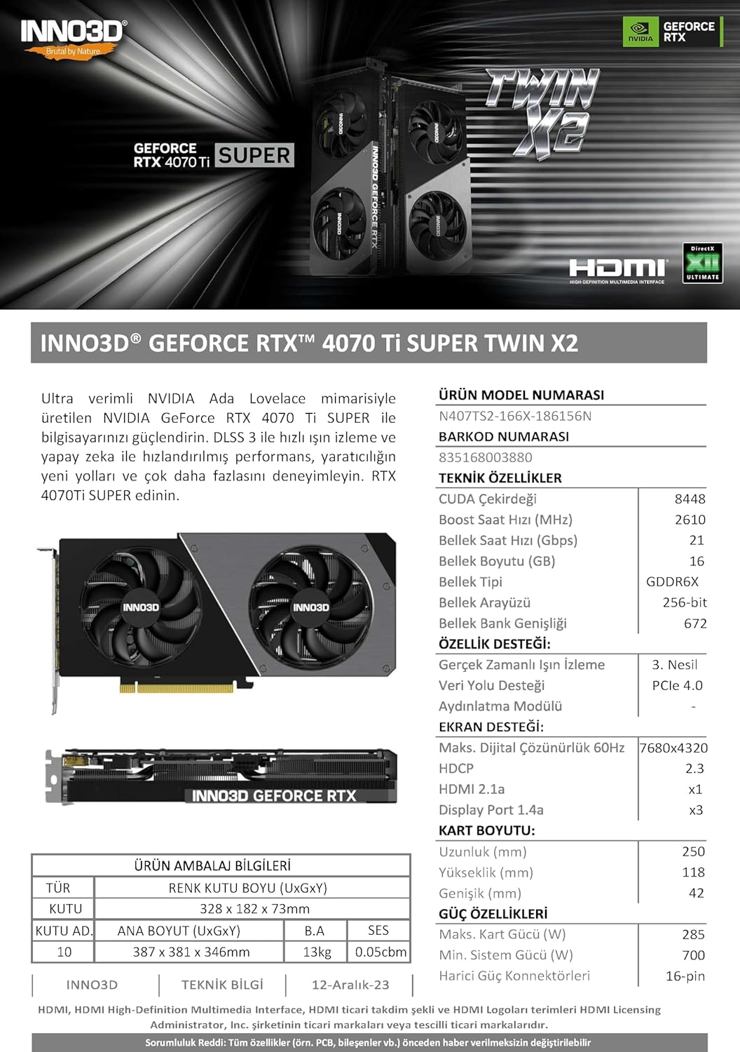 INNO3D NVIDIA Geforce RTX 4070 Ti Super Twin X2 GDDR6X 16GB Video Card