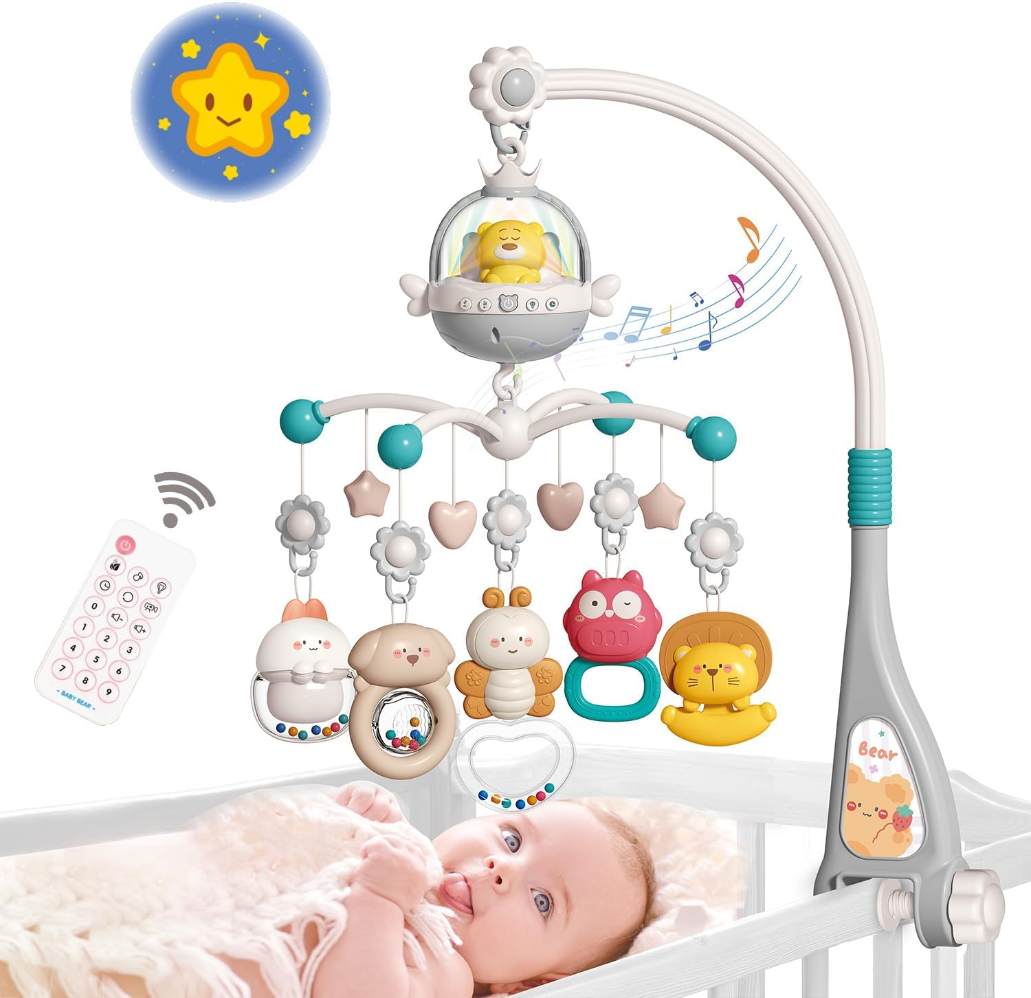 Baby Crib Mobile with Music and Light, Projector Function ＆ Remote Control, Musical Nursery Hanging Mobile for Infants Newborn Gift 0-12 Months, Babies Bassinet Mobile Clip On image number 4