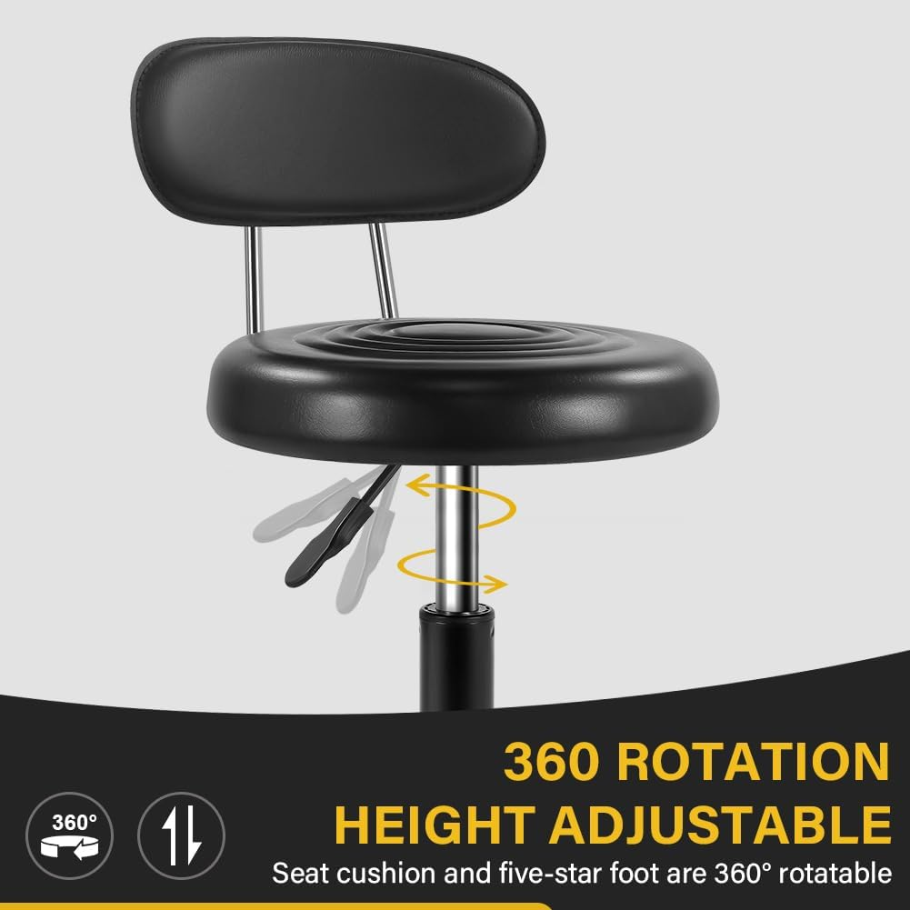 Rolling Stool with Wheels Swivel Stool with Back Height Adjustable Chair PU Leather Rolling Stools Ideal for SPA Salon Home Office Drafting Work (Black) image number 3