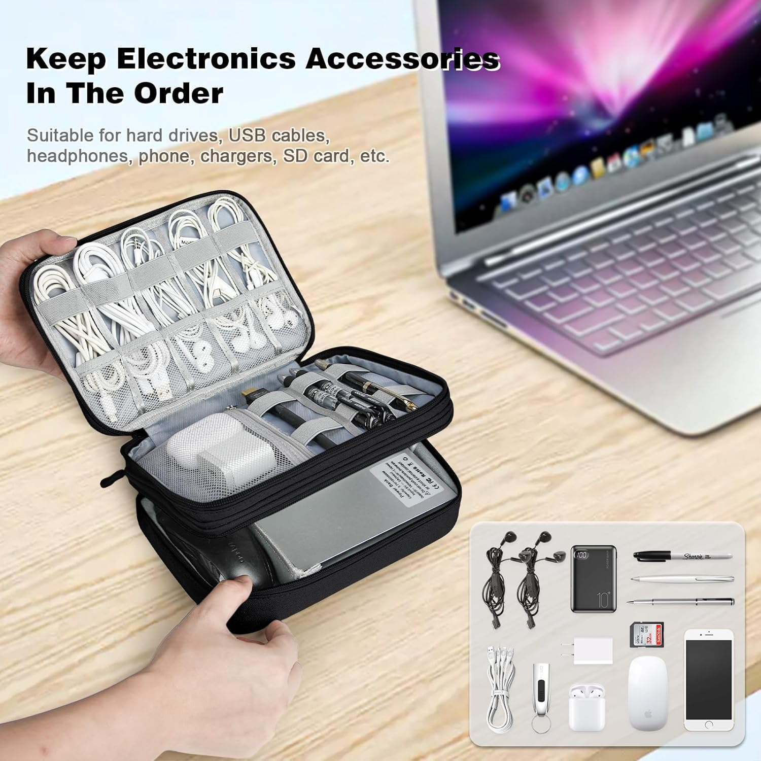 IGOLUMON Electronics Organizer Portable Travel Cable Organizer Bag Waterproof Double Layer Electronic Accessories Carrying Case for Power, Chargers, Hard Drives, Black image number 1
