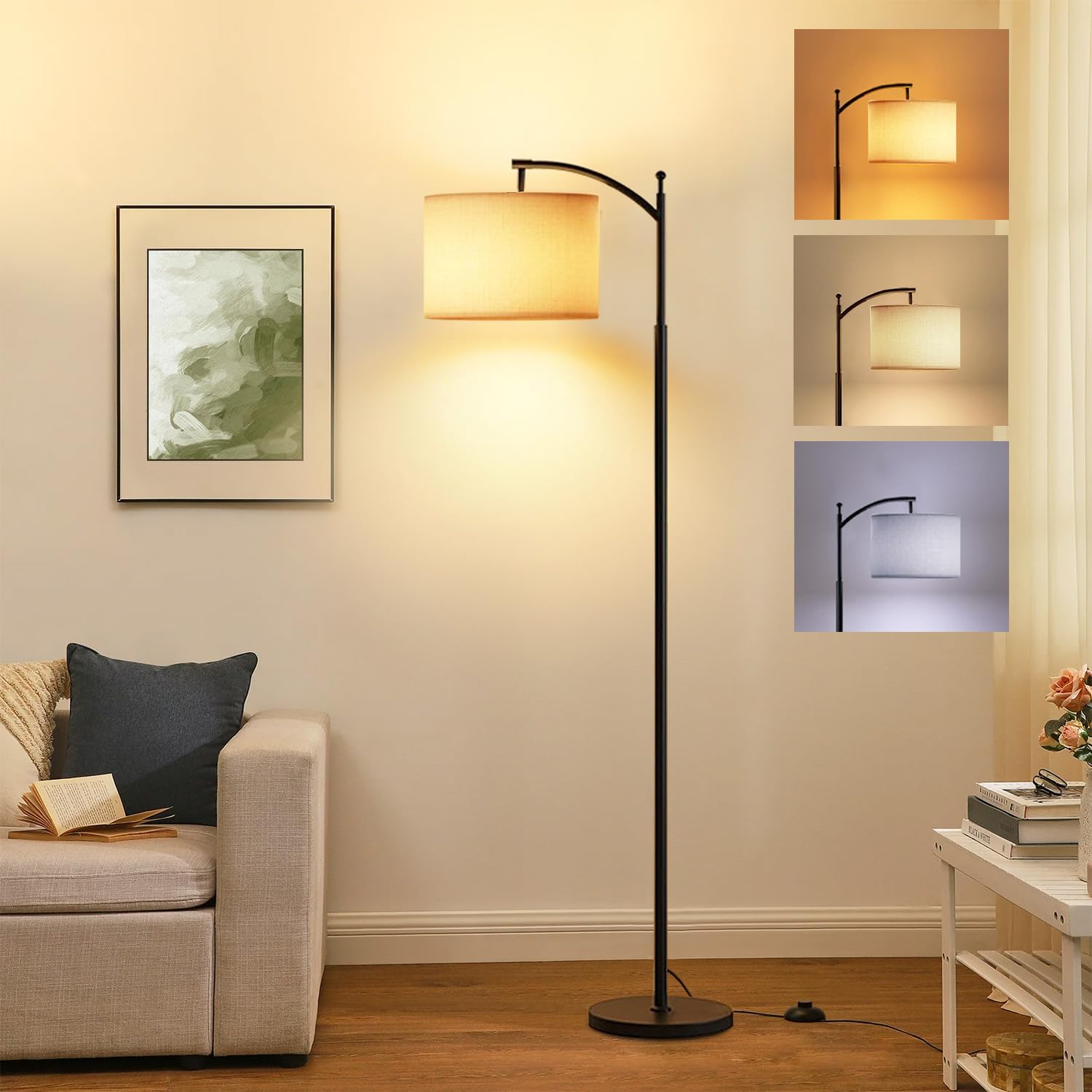 61&lsquo;&rsquo; Floor Lamp for Living Room, Necomi Curved Floor Lamp, 3 Colour Temperatures 3000K-5000K, Modern LED Floor Lamp with 9W LED Bulb and Linen Shade (Adjustable), Bedroom Office Dining Room image number 1