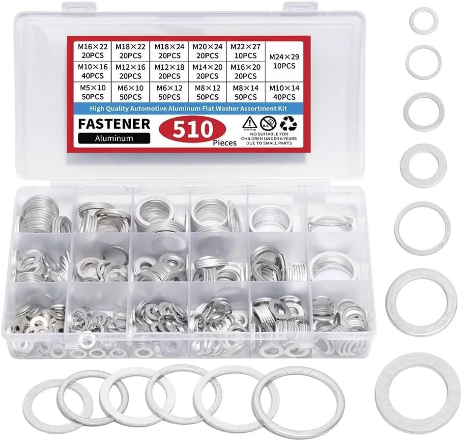 510Pcs Aluminium Sump Plug Washer Kit - Assorted Crush Washers with Key Sizes M12/M14/M16/M20 + Full Range M5-M24, Metric Oil Drain Plug Gasket Set for Automotive Maintenance image number 1