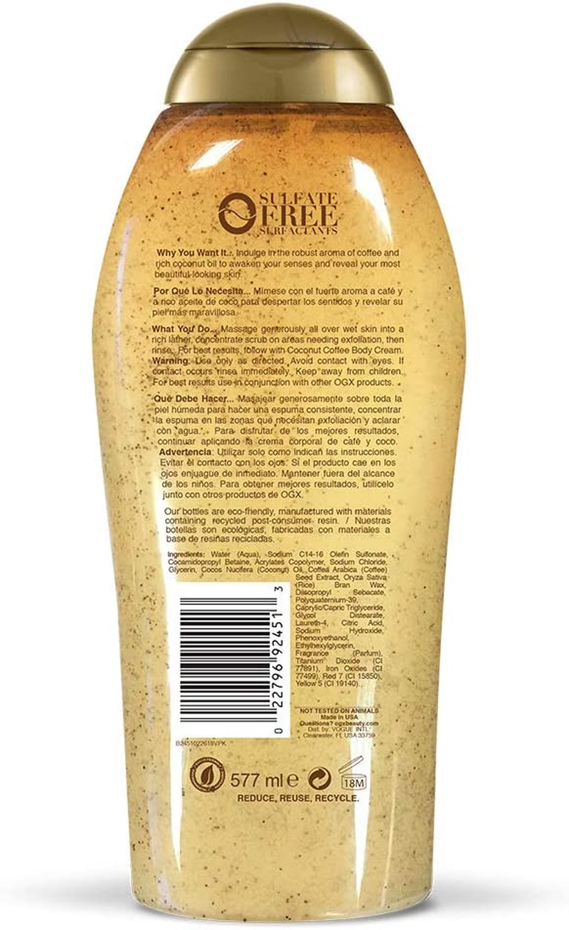OGX Smoothing + Coconut Coffee Exfoliating Body Scrub with Arabica Coffee & Coconut Oil, Moisturizing Body Wash for Dry Skin, Paraben-Free with Sulfate-Free Surfactants, 19.5 Fl Oz