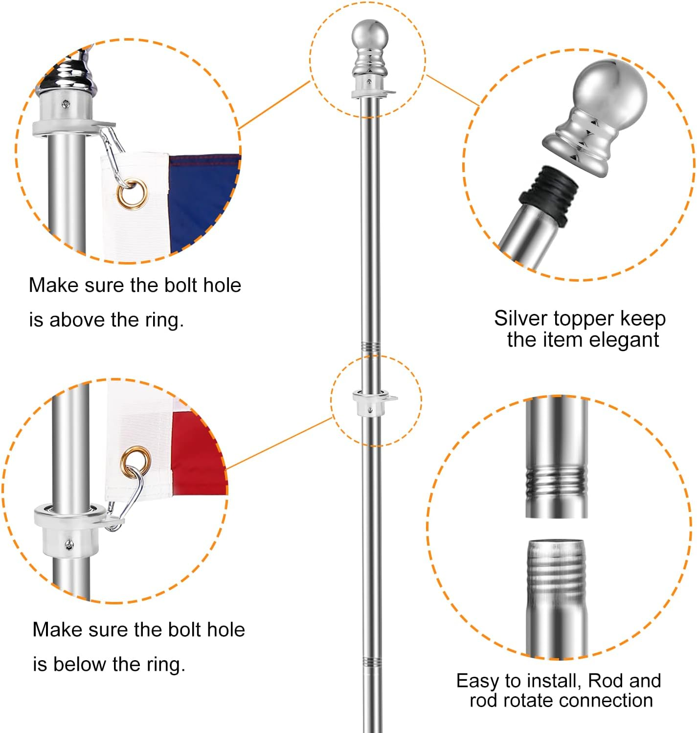 Evertoco 6FT Stainless Steel Flag Pole, Tangle Free Flag Poles for 3X5 Flags, Outdoor Flag Pole for House Yard Garden, 1Inch Diameter Flagpole with Bearing Aluminum Alloy Rings Rust Free