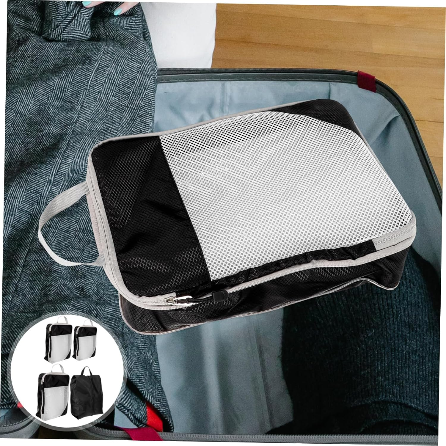 SOLUSTRE 4Pcs Compression Packing Cubes Set with Mesh, Reusable Travel Bags Organizer for Luggage, Clothes and Underwear Storage, Black Clothes Compression Bags for Suitcase Packing in Travel image number 3