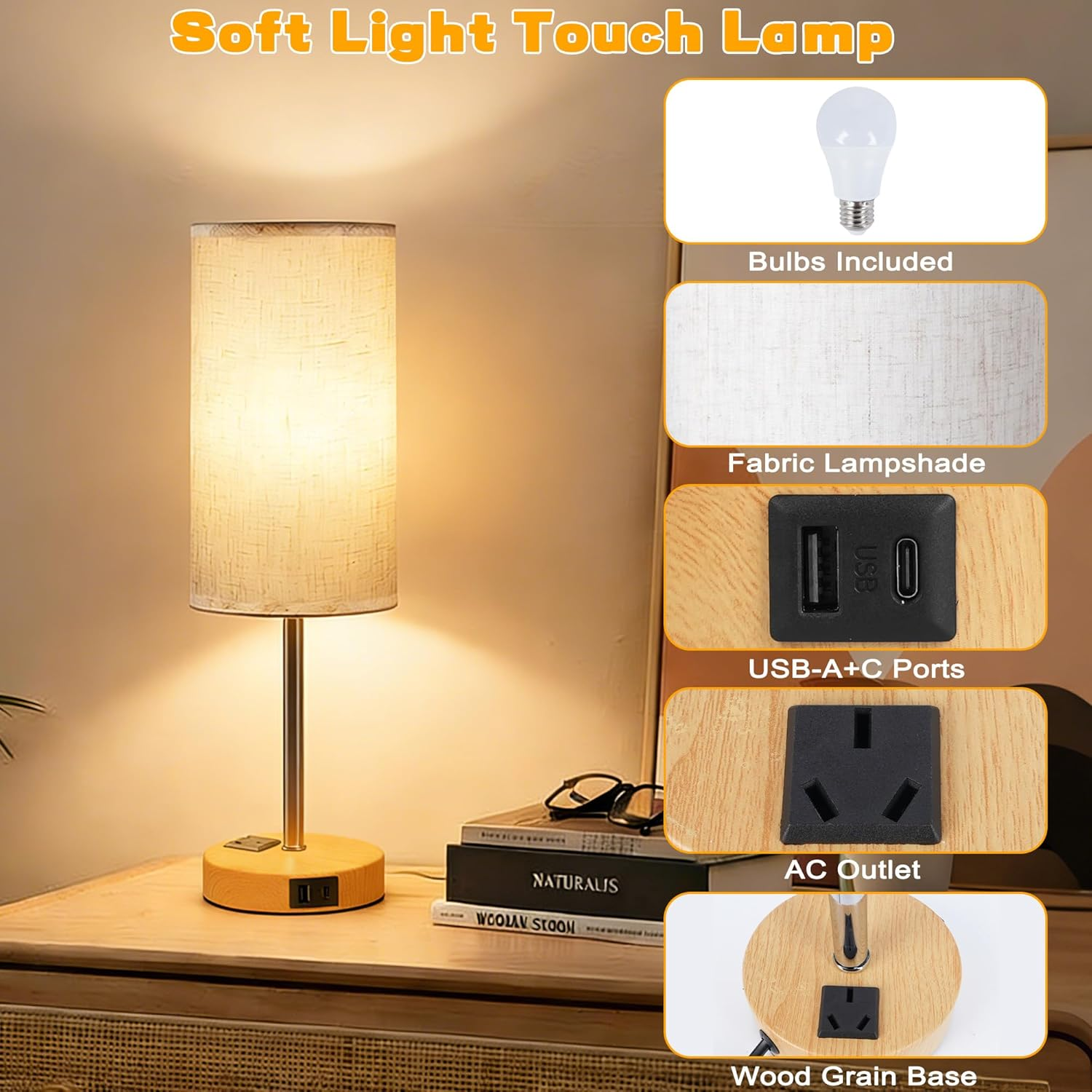 Necomi Bedside Lamp with A&C Ports, Touch Table Lamp for Bedroom with 3 Way Dimmable & AC Outlet, Featuring Linen Lampshade, Suitable for Living Rooms, Study Rooms, and Home Offices (Bulb Included) image number 3