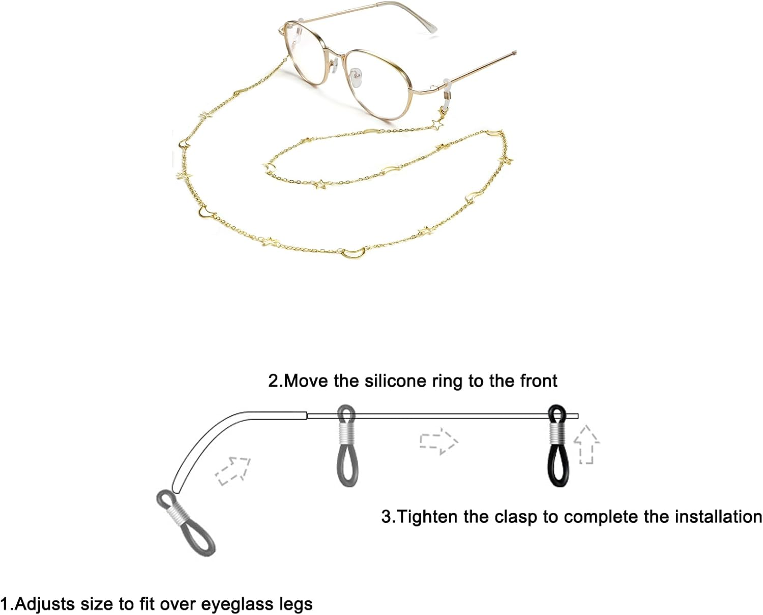 LERTREE 2 Pcs Alloy Women Eyeglasses Chains with Star and Moon/Skeleton Pentagram Sunglass Lanyard Eyewear Retainer Sunglasses Strap image number 4